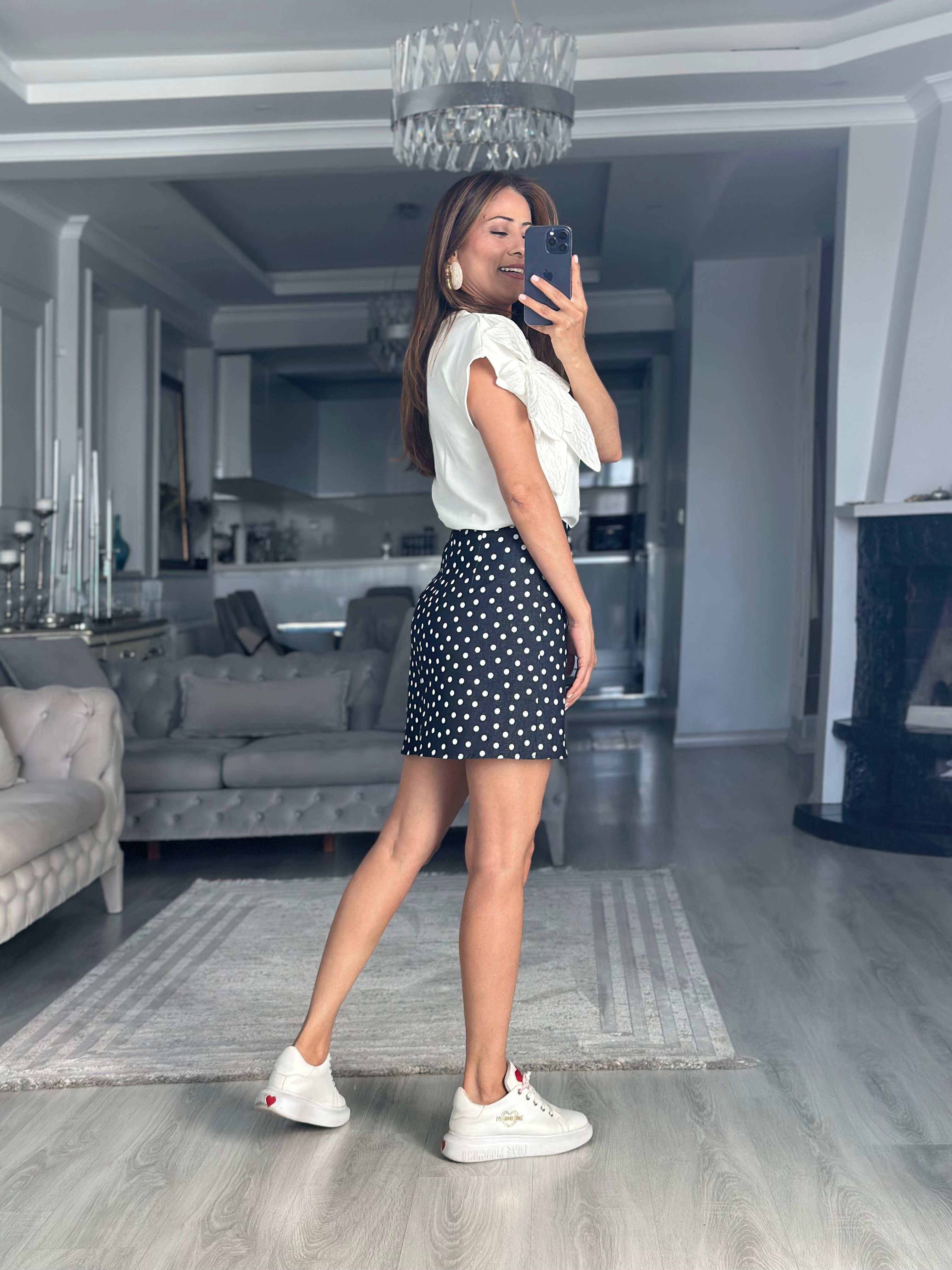 Lacivert Puantiyeli Denim Kadın Mini Etek