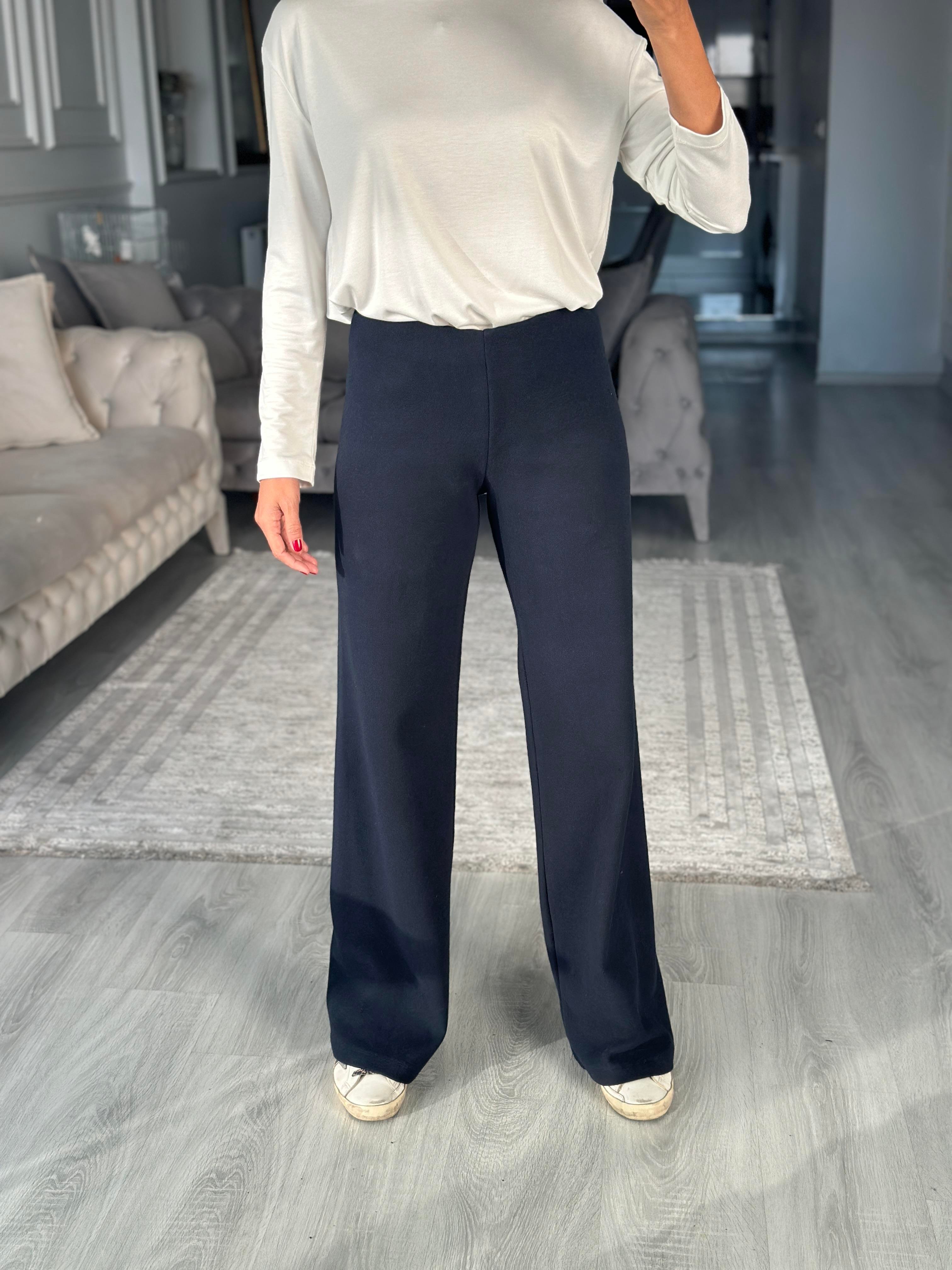 Lacivert Selanik Yumoş Dokulu Beli Lastikli Kadın Pantolon