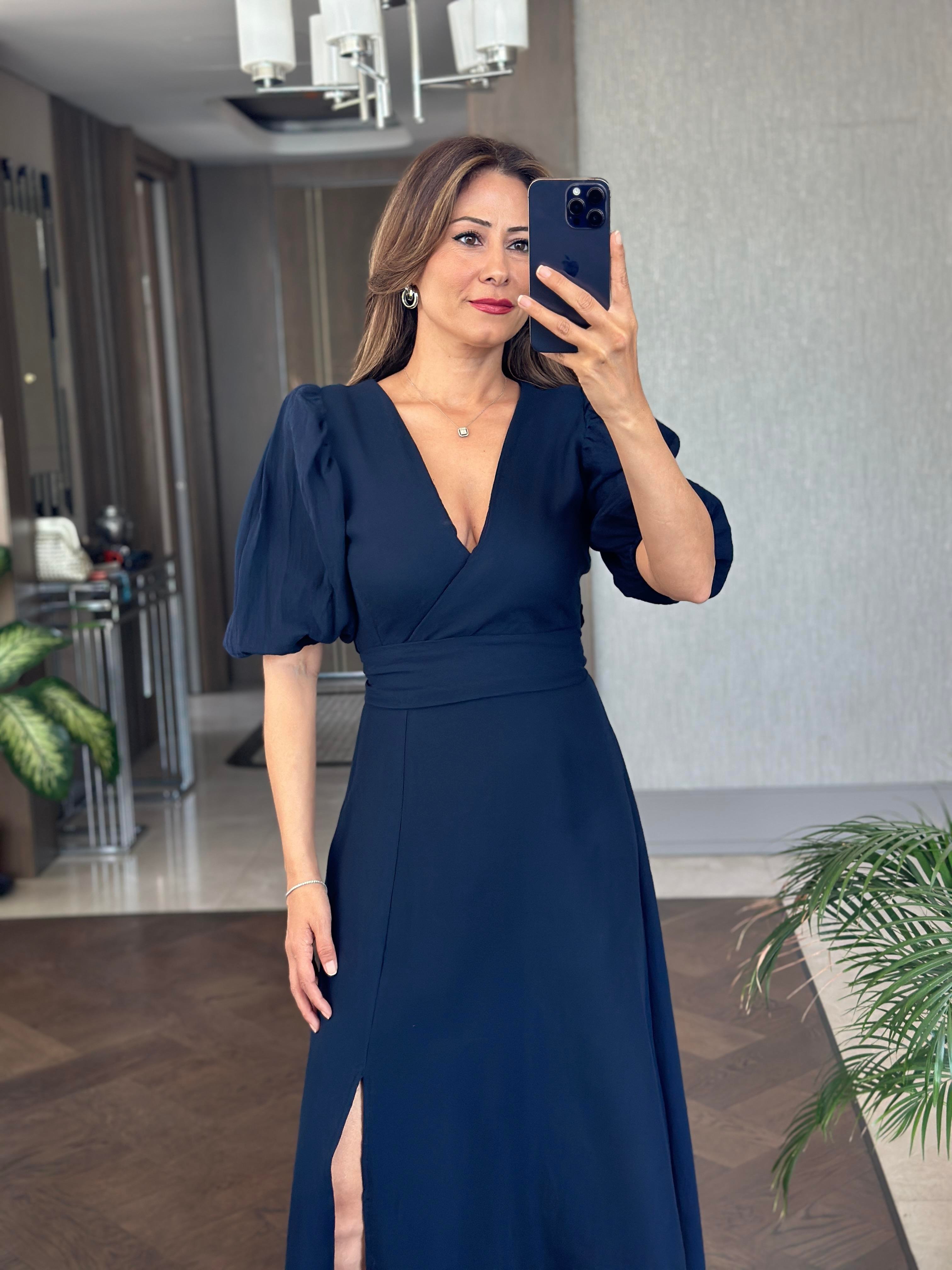 Lacivert Tek Yırtmaçlı Vatkalı Müslin Kumaş Kadın Maksi Boy Elbise 