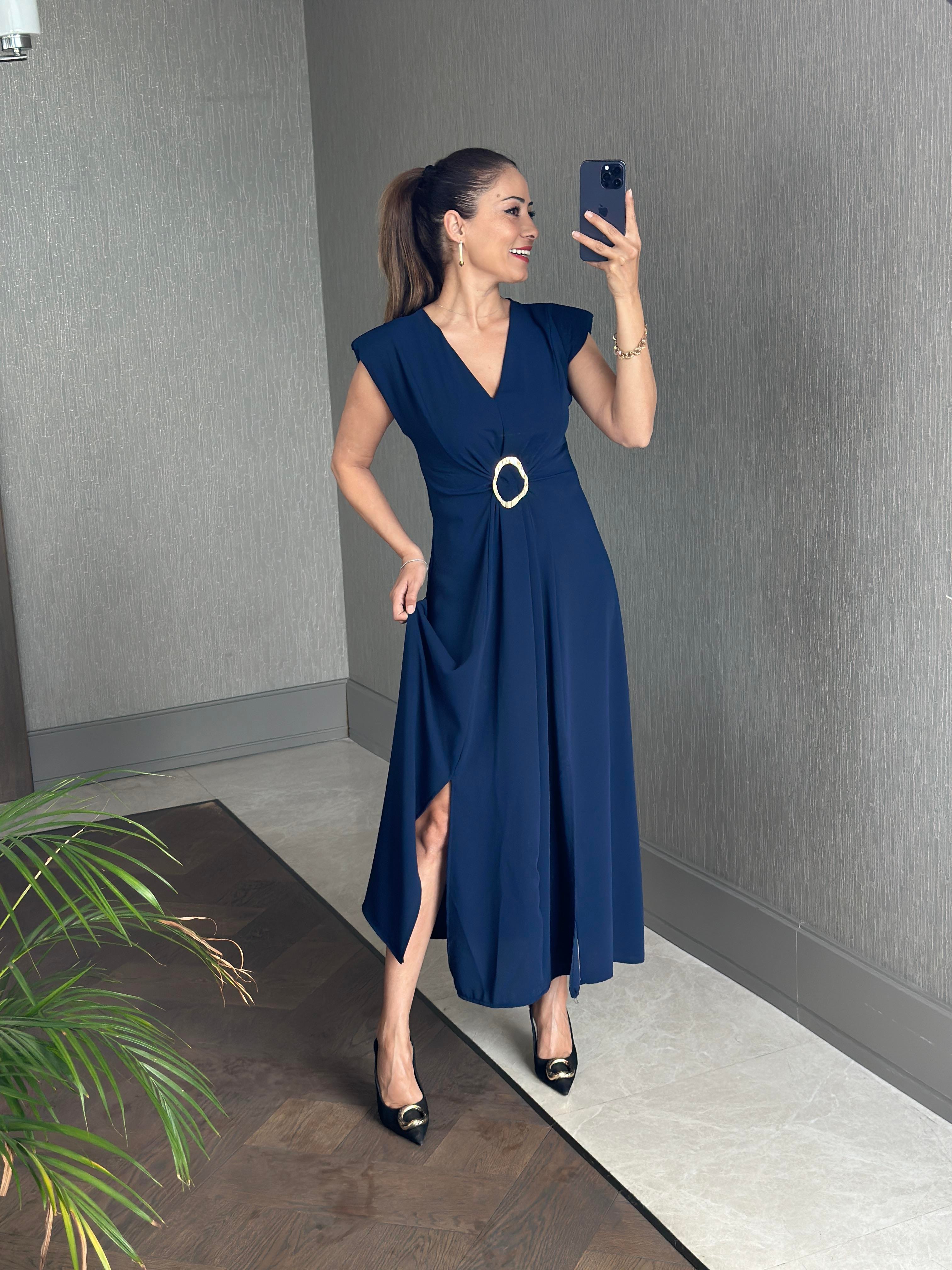 Lacivert Vatkalı V Yaka Önü Tokalı Kadın Midiboy Elbise