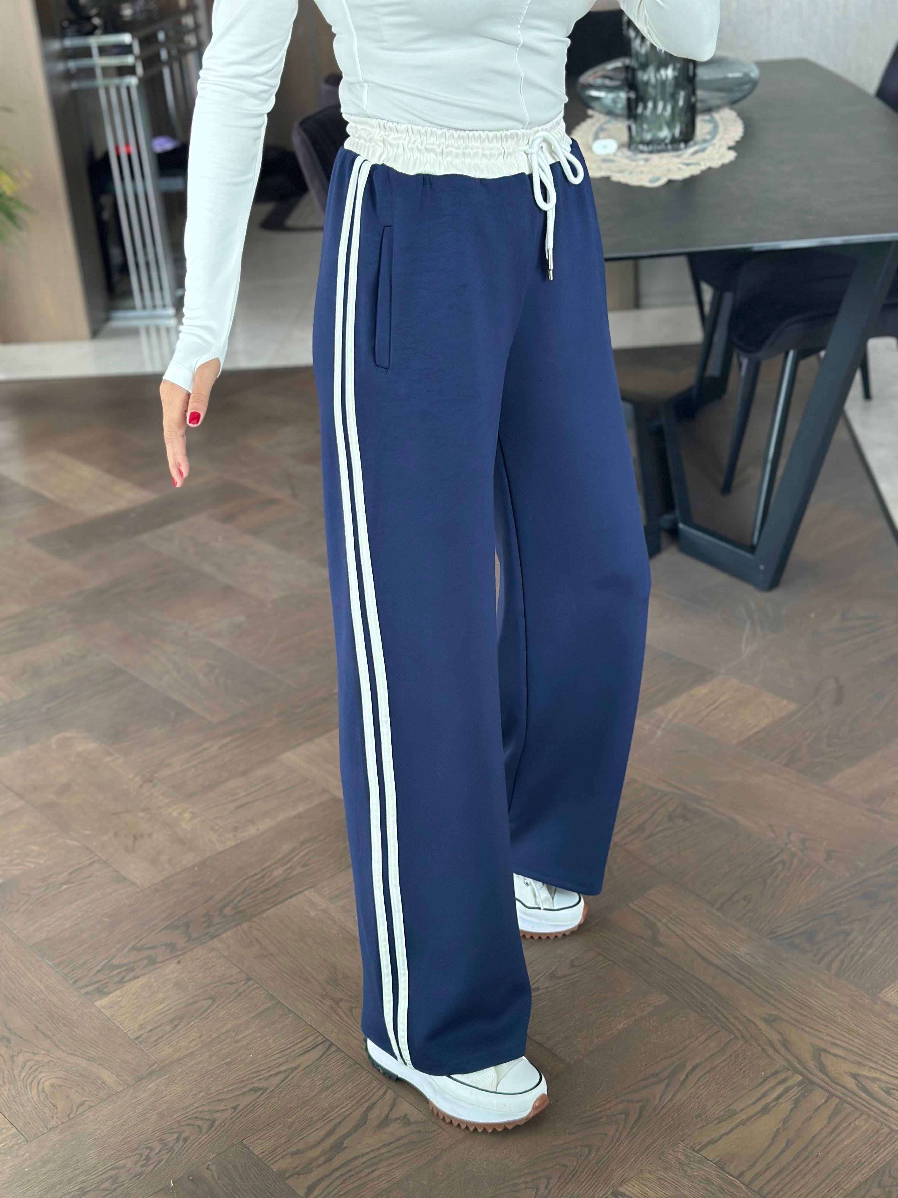 Lacivert Yanları Şeritli Bağcıklı Cepli Palazzo Kadın Eşofman Altı