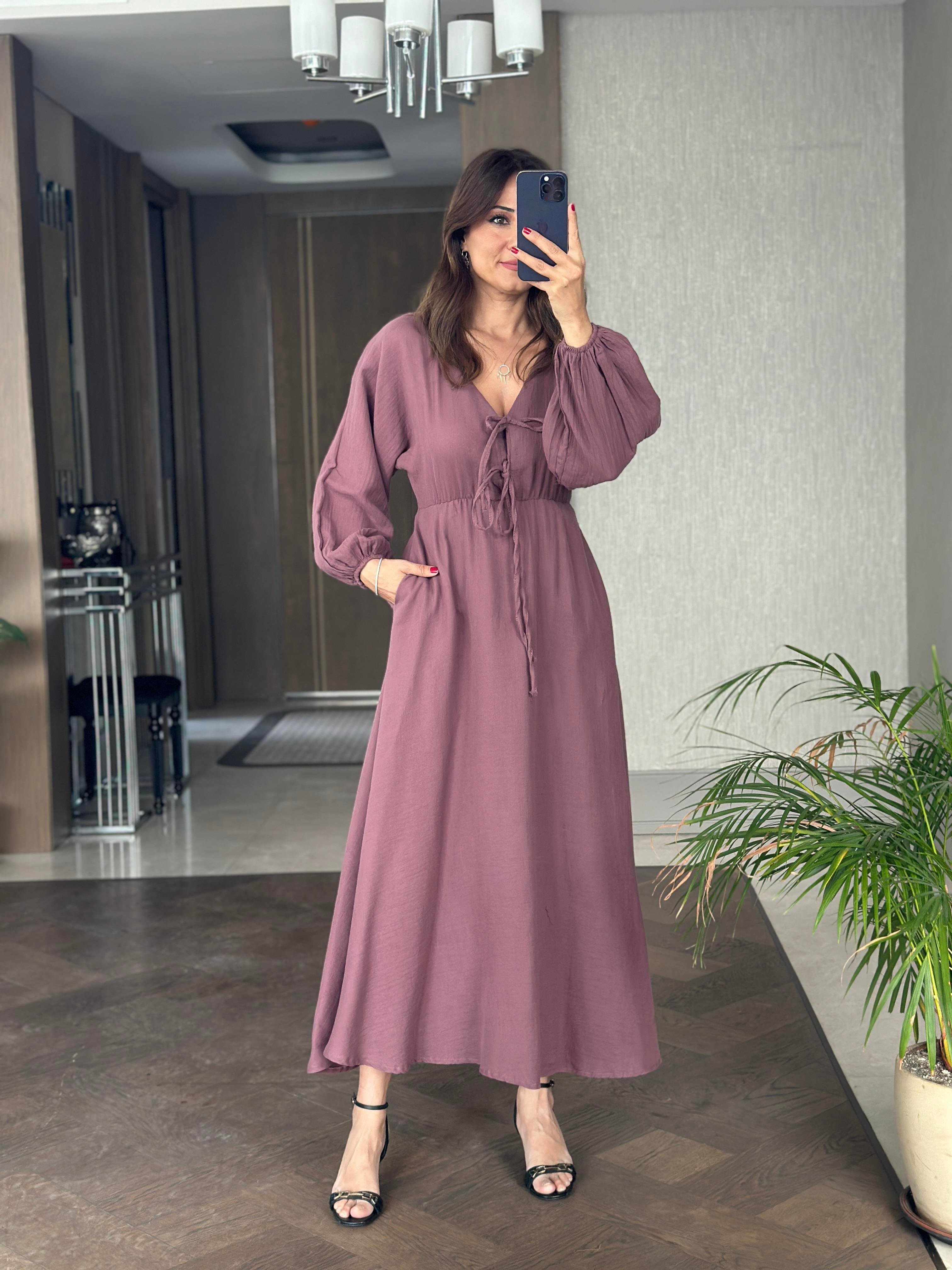 Leylak Müslin Önü Bağcıklı Kol Ucu Lastikli Kadın Midi Boy Elbise