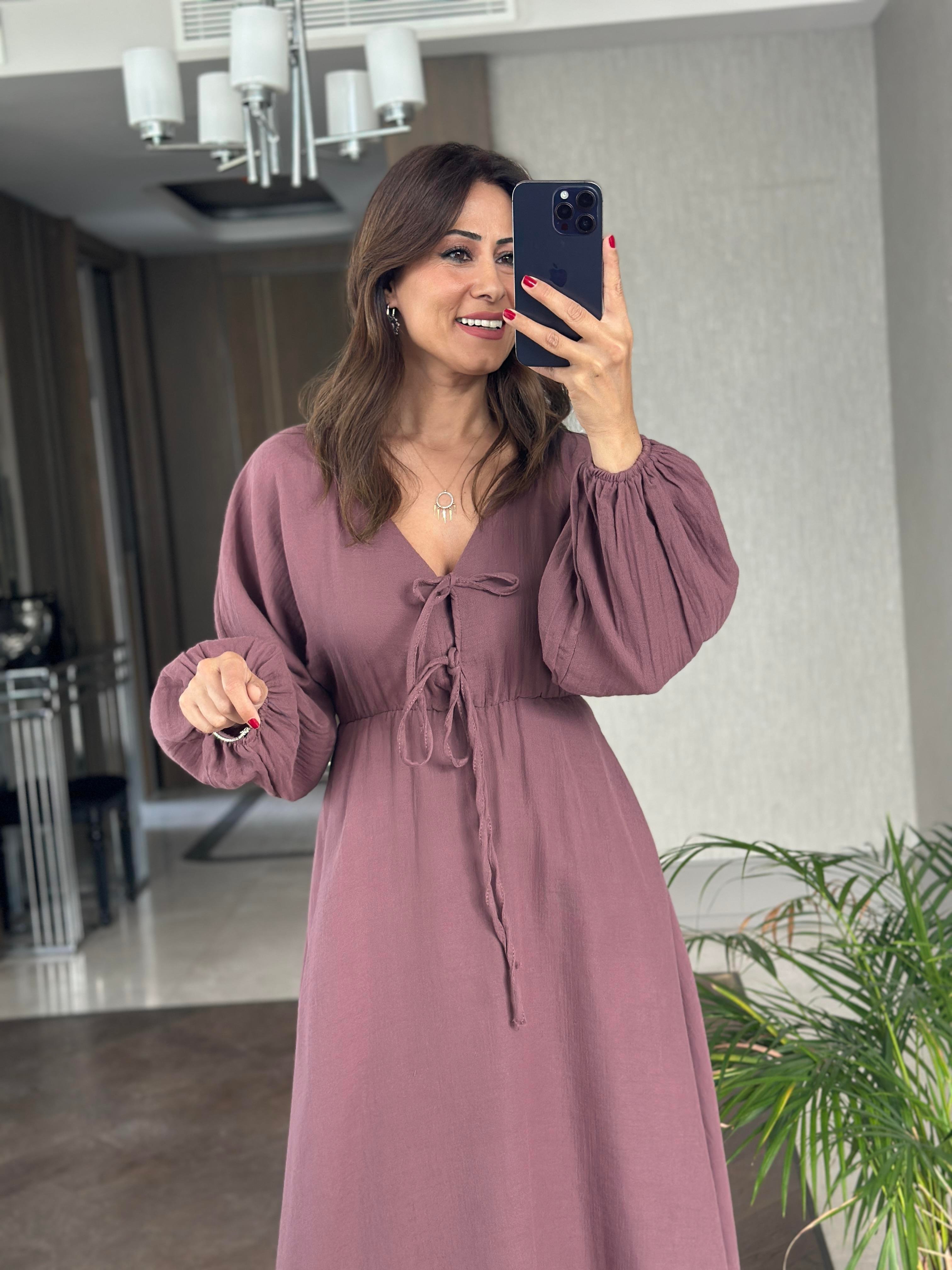 Leylak Müslin Önü Bağcıklı Kol Ucu Lastikli Kadın Midi Boy Elbise