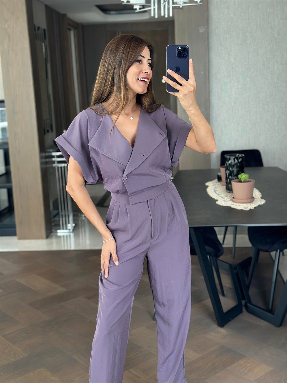 Leylak Tensel Havuç Model Önü Düğmeli Kadın Tulum