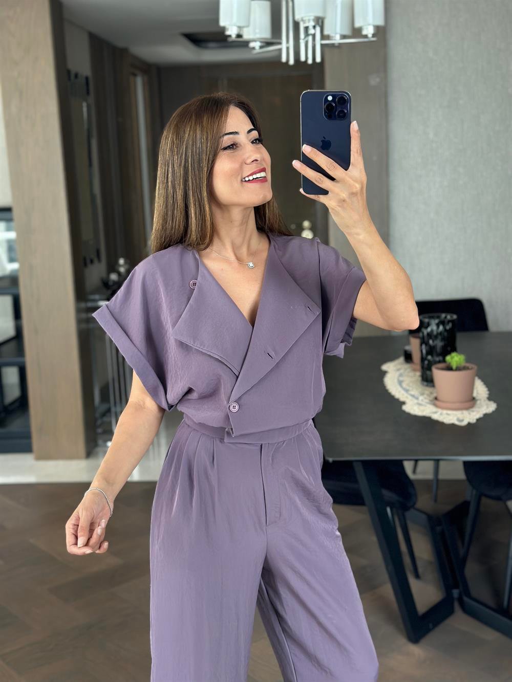 Leylak Tensel Havuç Model Önü Düğmeli Kadın Tulum