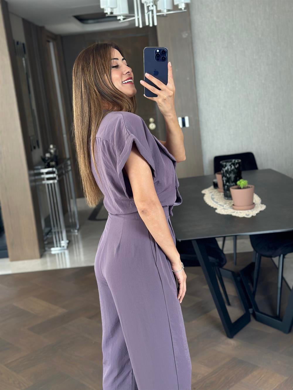 Leylak Tensel Havuç Model Önü Düğmeli Kadın Tulum