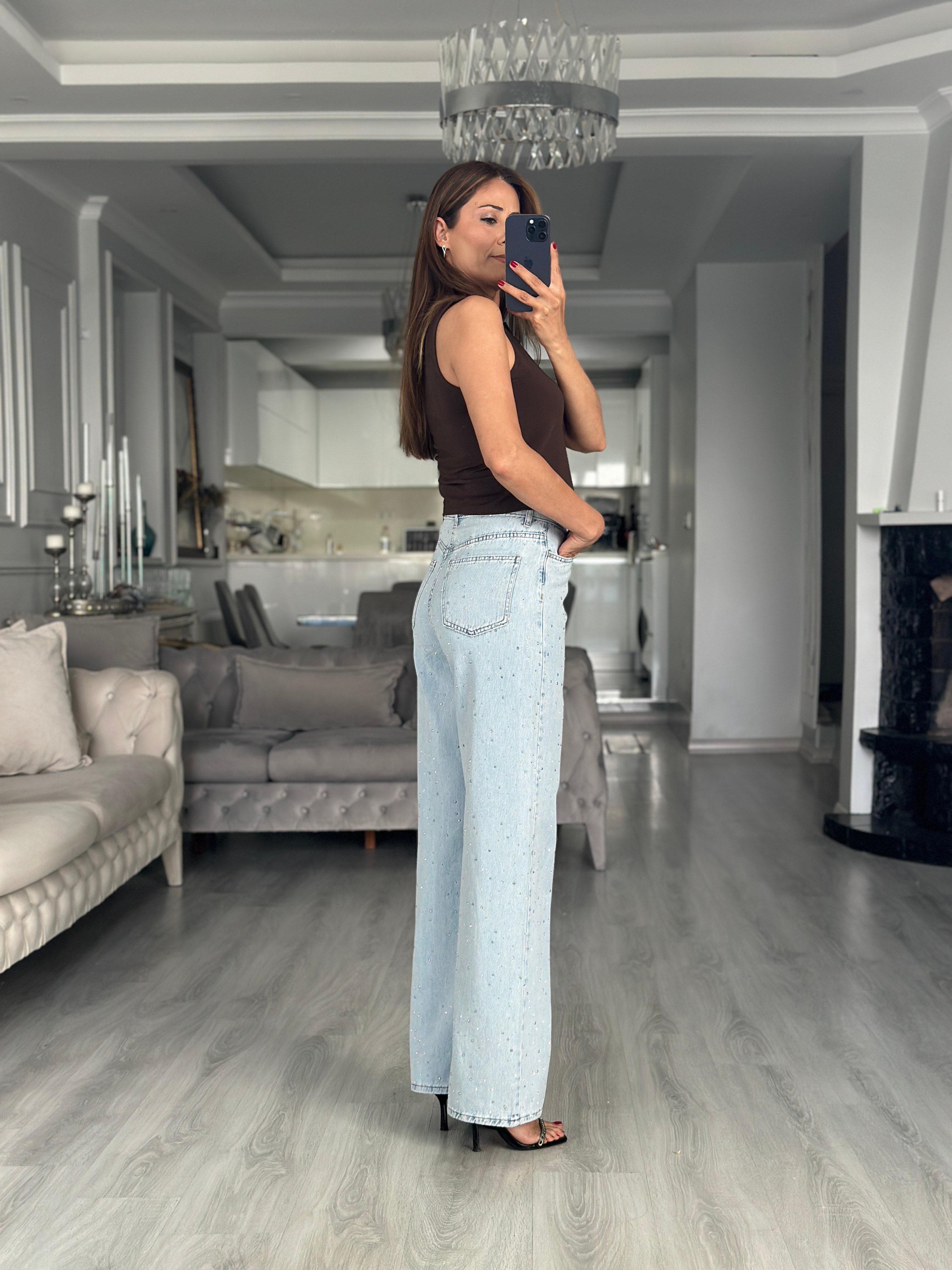 Light Blue Ön Arka Taşlı Wide Leg Kadın Jean Pantolon