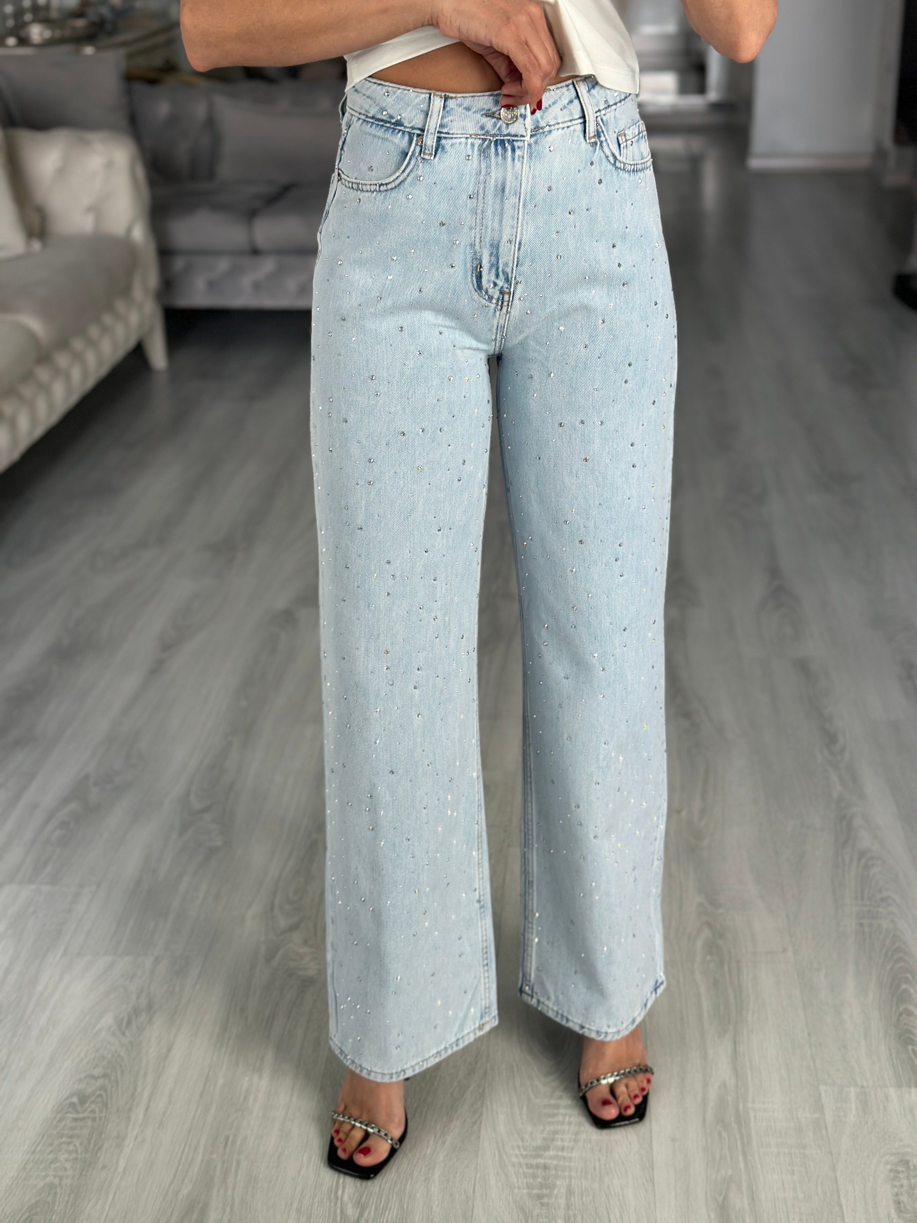 Light Blue Ön Arka Taşlı Wide Leg Kadın Jean Pantolon