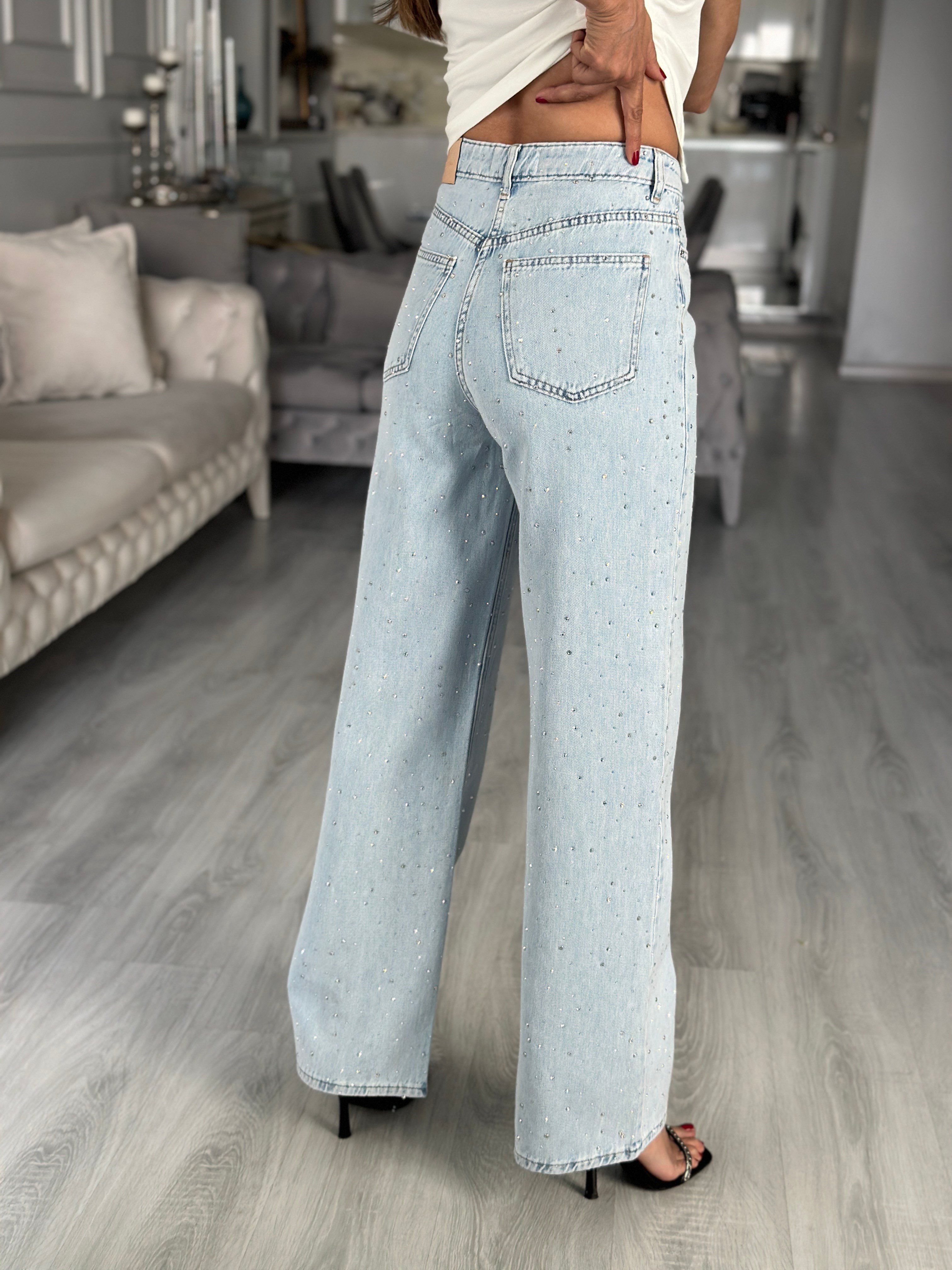 Light Blue Ön Arka Taşlı Wide Leg Kadın Jean Pantolon