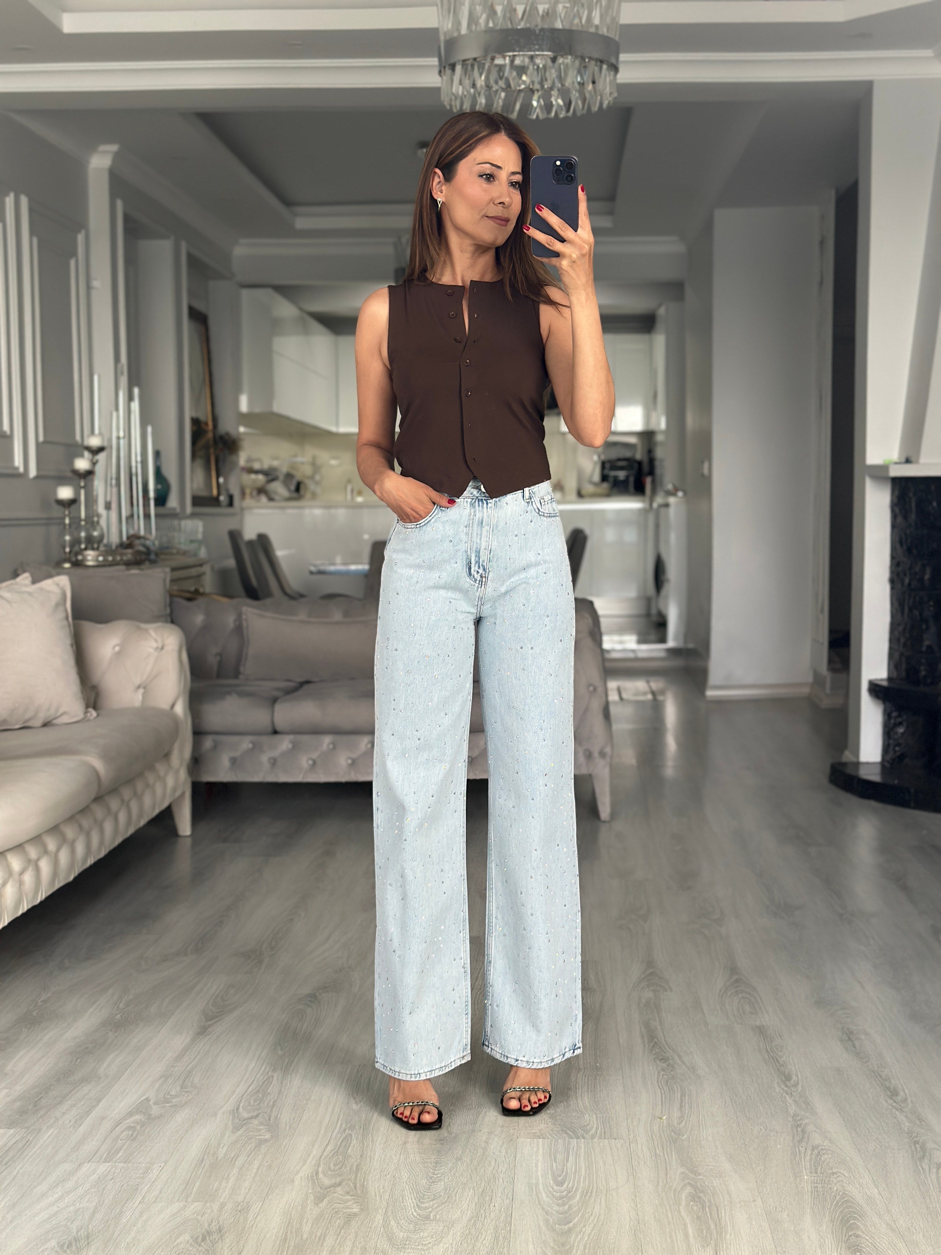 Light Blue Ön Arka Taşlı Wide Leg Kadın Jean Pantolon