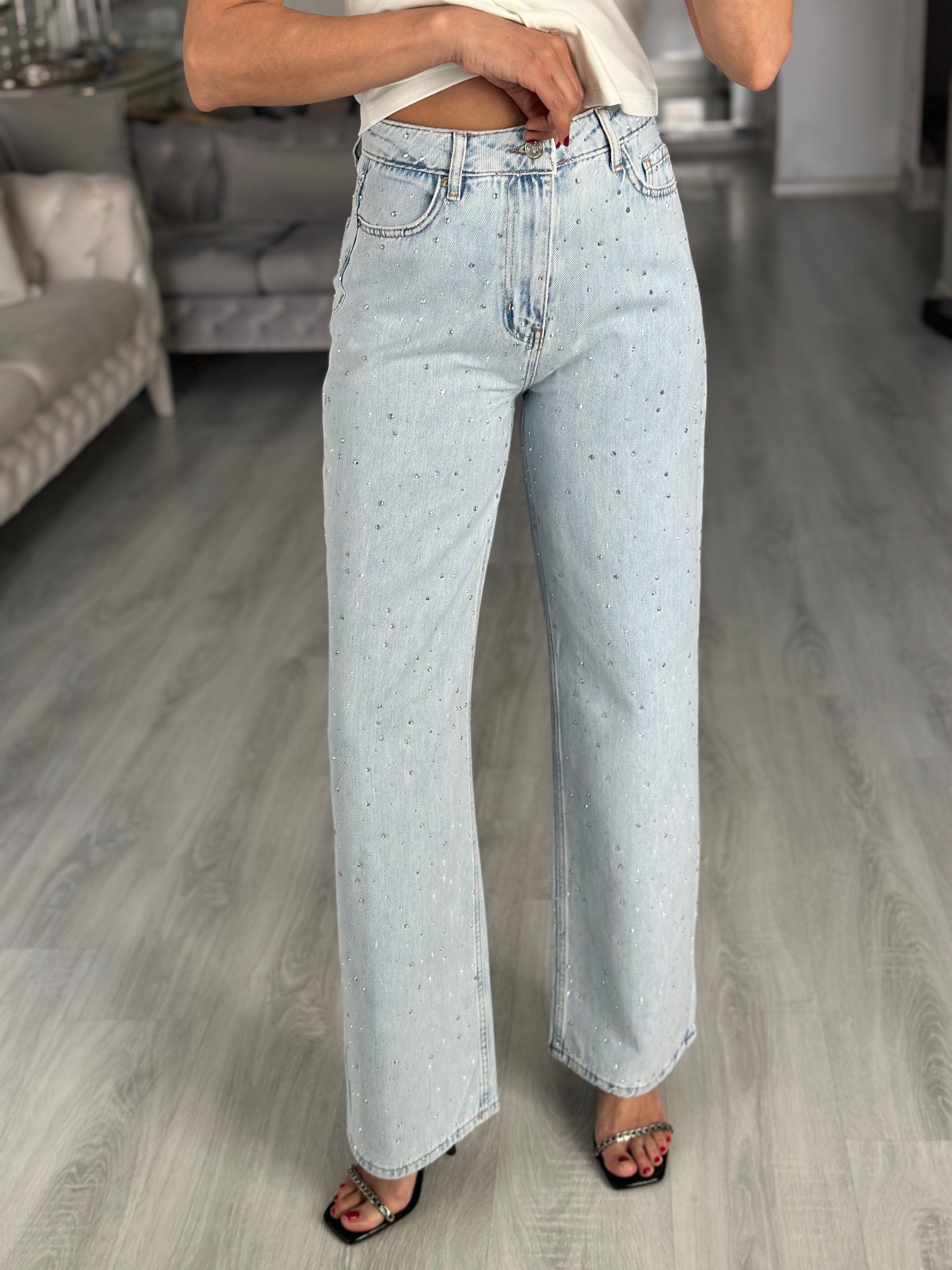 Light Blue Ön Arka Taşlı Wide Leg Kadın Jean Pantolon