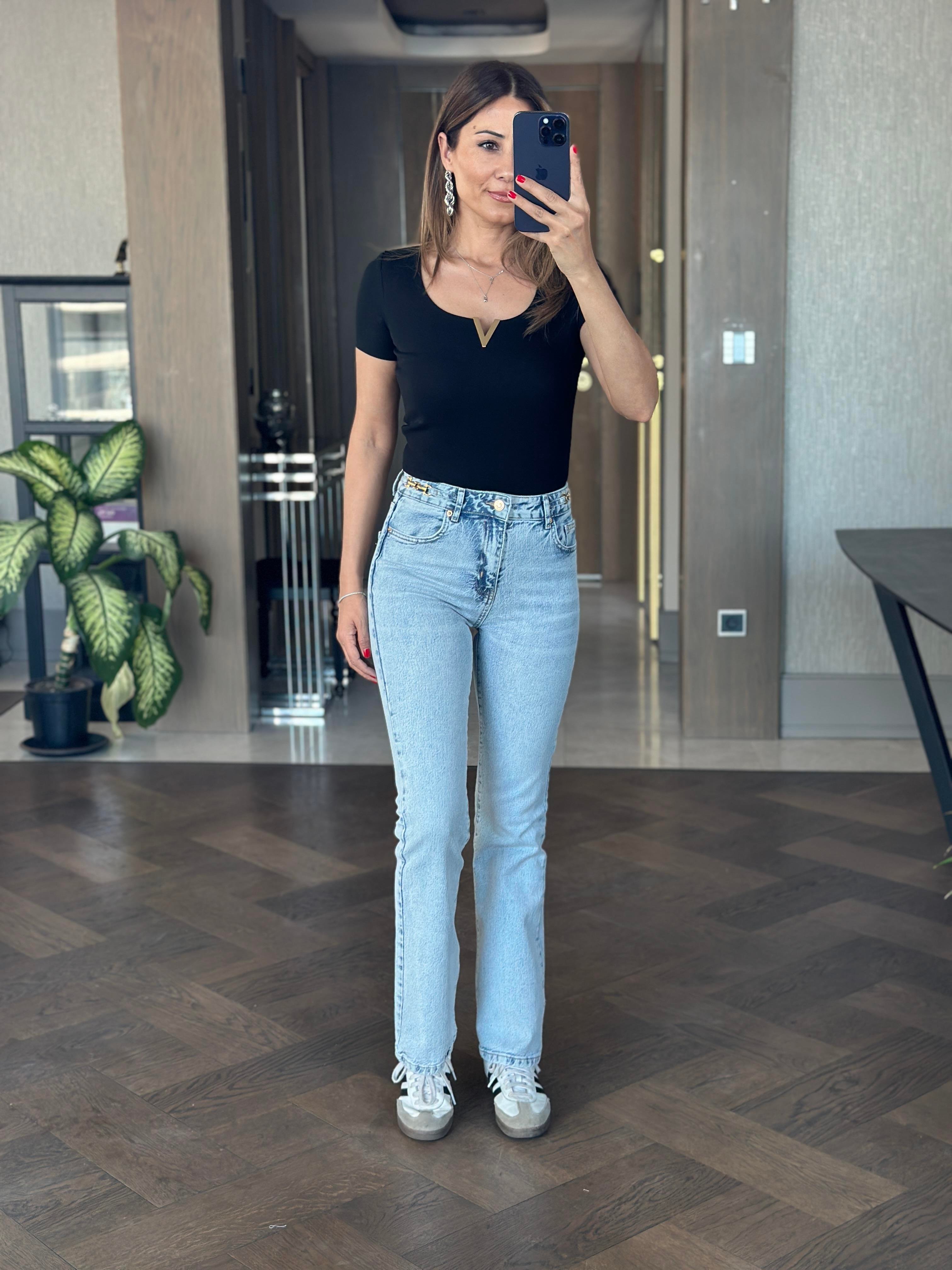 Ligth Blue Lacarino Kemeri Gold Aksesuarlı Kadın Jean Pantolon