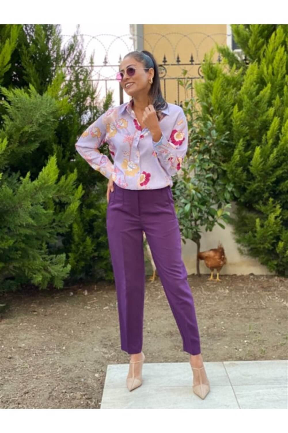 Lila Çiçekli Saten Gömlek 