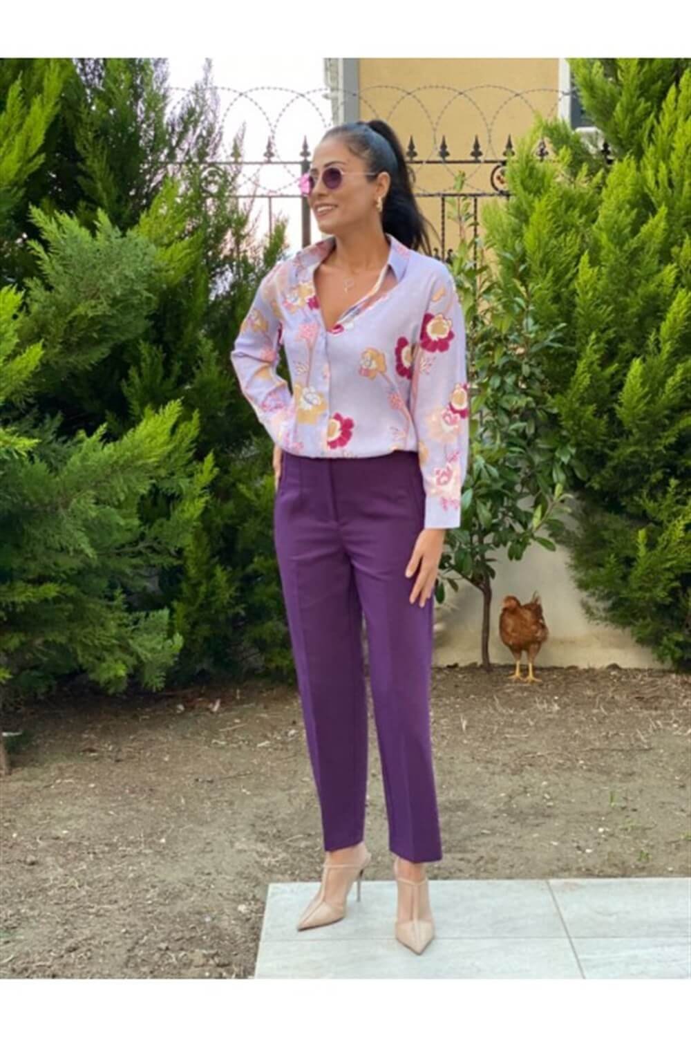Lila Çiçekli Saten Gömlek 