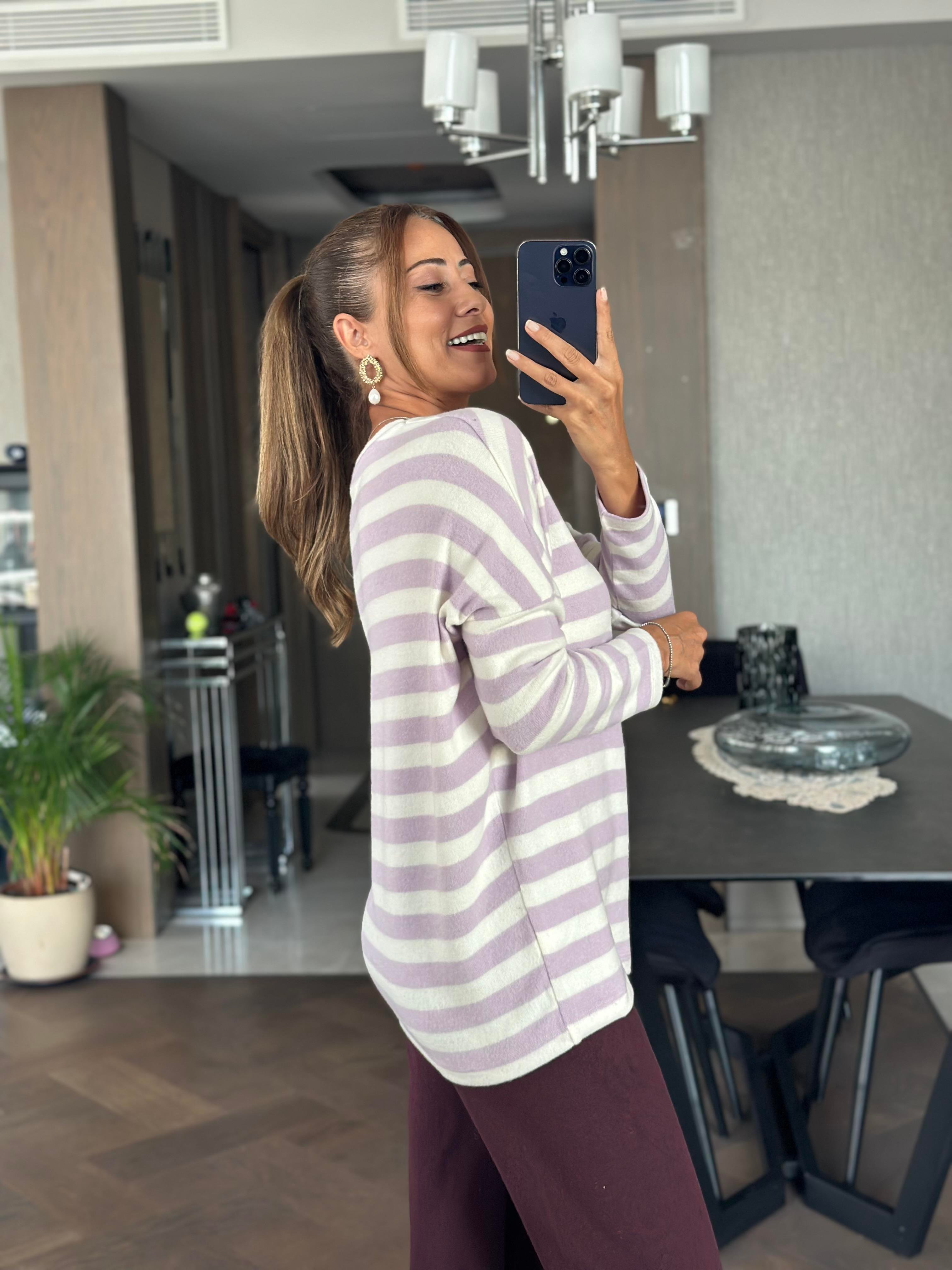 Lila Çizgili V Yaka Uzun Kol Yumoş Kadın Bluz