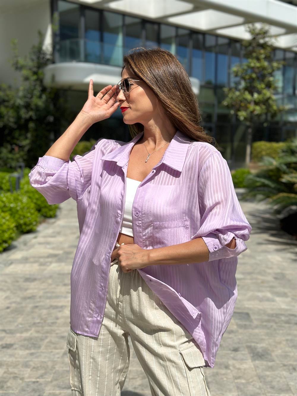 Lila Tek Cepli Oversize Kadın Gömlek