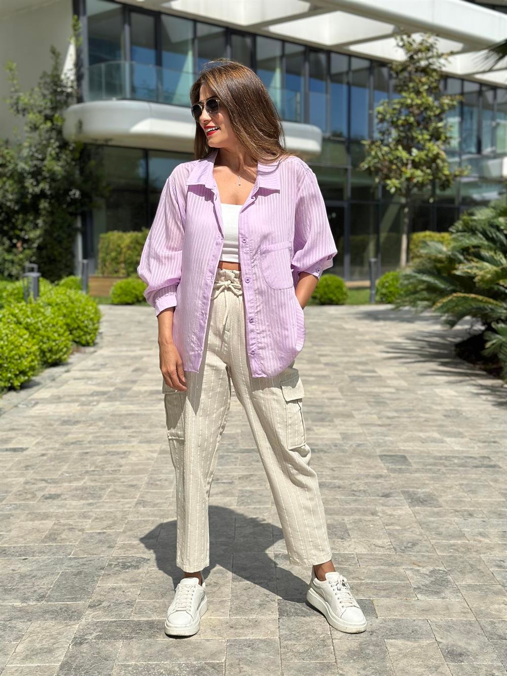Lila Tek Cepli Oversize Kadın Gömlek