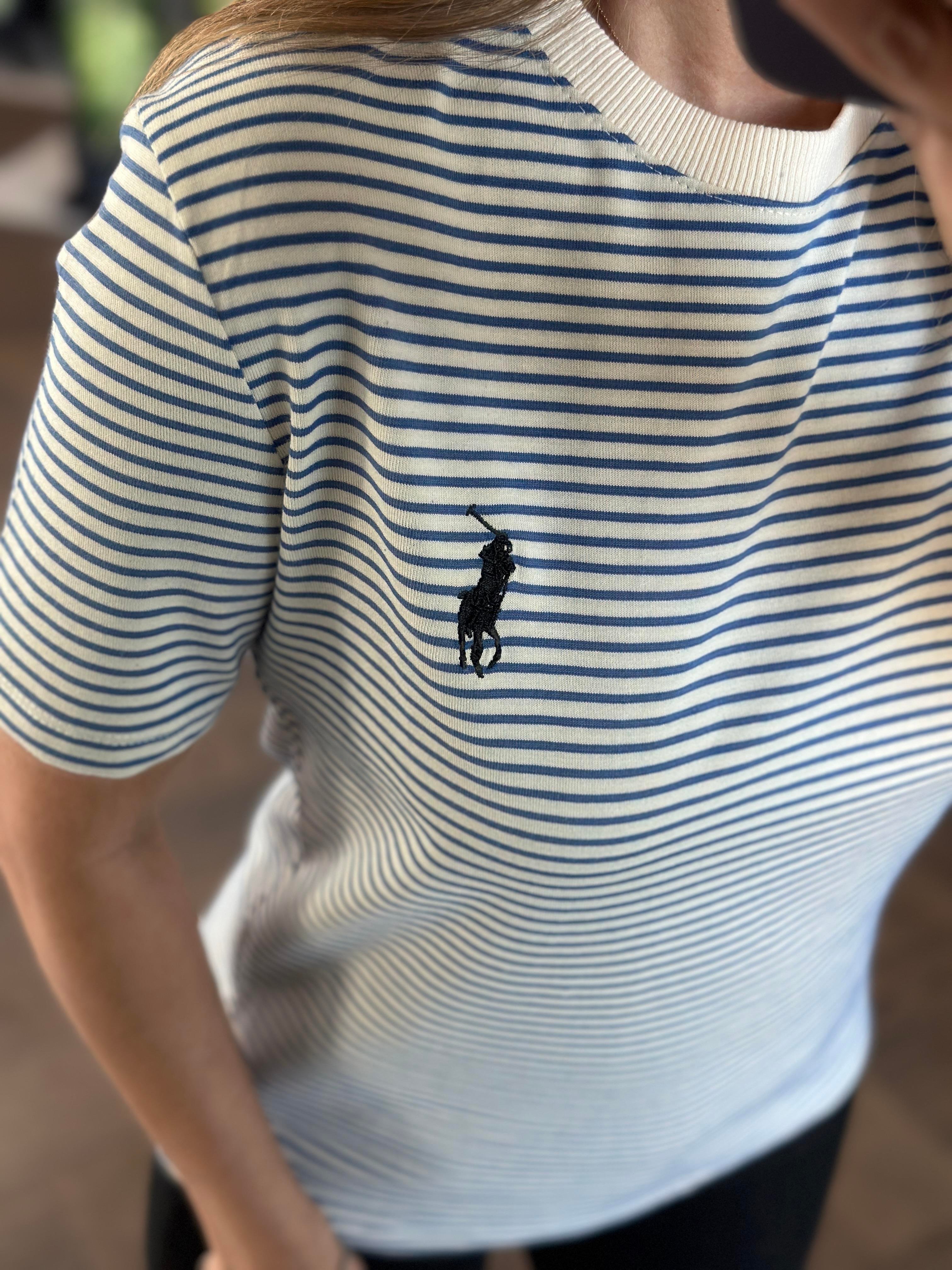 Mavi Çizgili Nakışlı Bisiklet Yaka Kadın T-Shirt