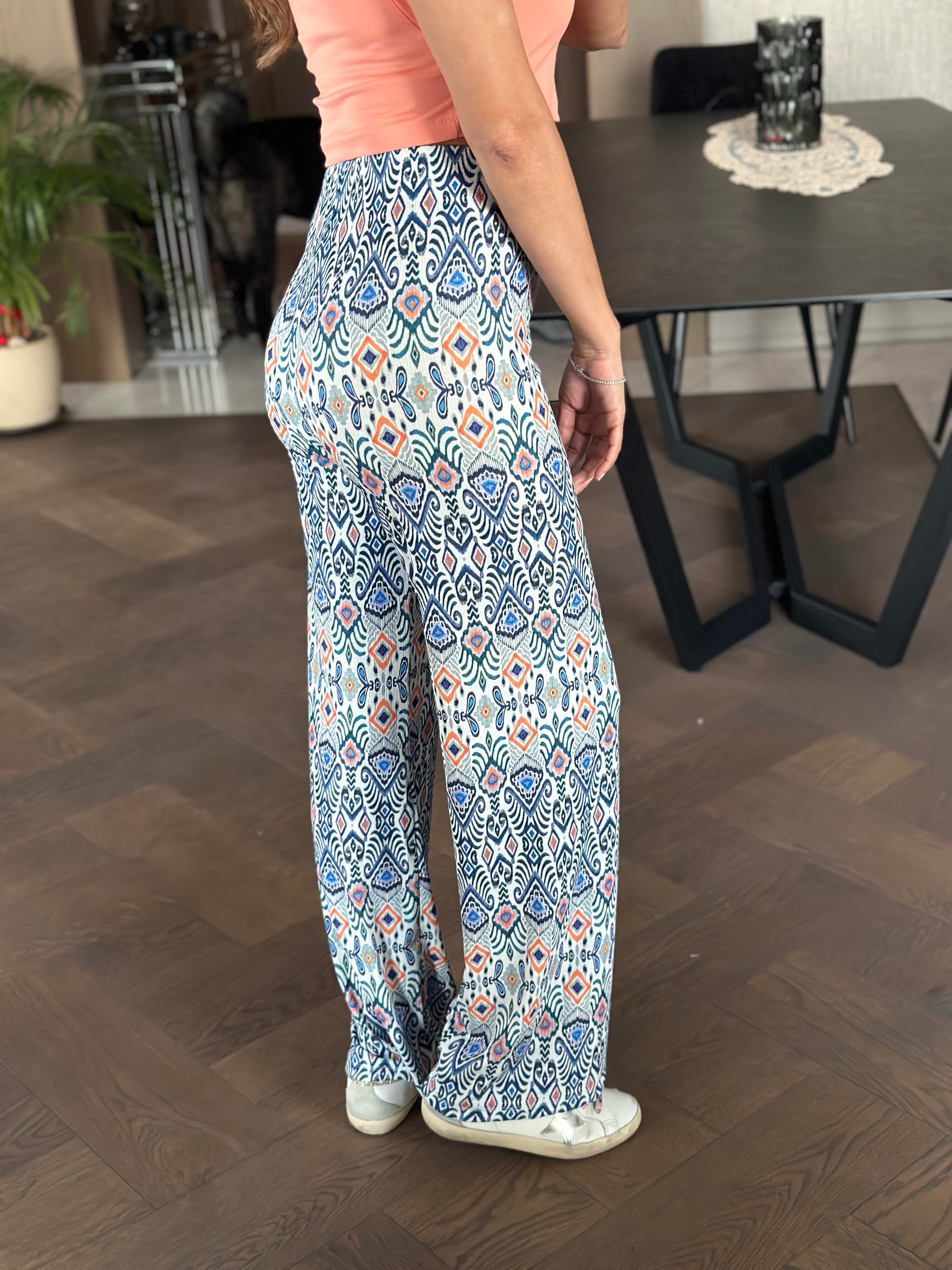 Mavi Etnik Desen Beli Lastikli Bürümcük Kadın Pantolon