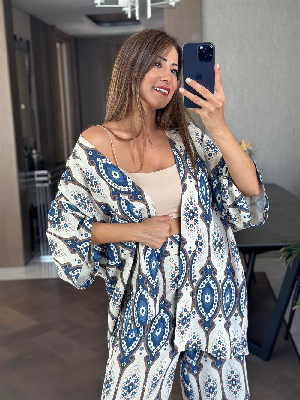 Mavi Etnik Desen Kimono Pantolon Kadın İkili Takım