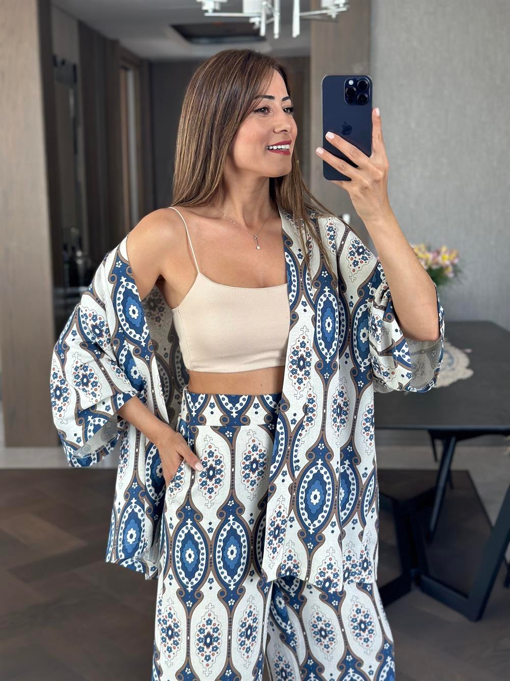 Mavi Etnik Desen Kimono Pantolon Kadın İkili Takım
