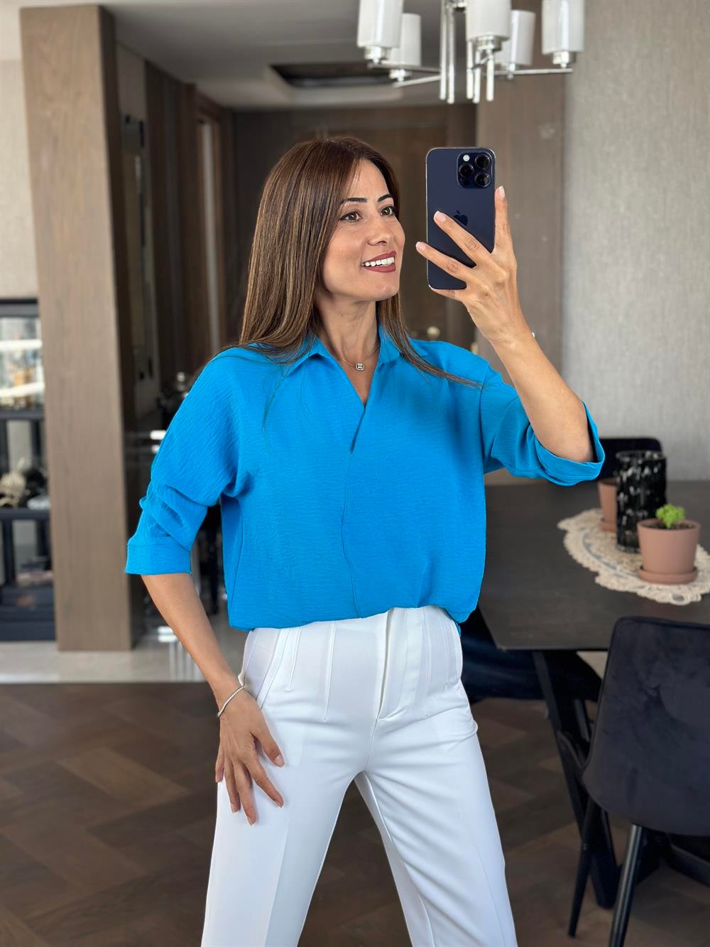 Mavi Gömlek Yaka Yarasa Kol Aerobin Kadın Bluz