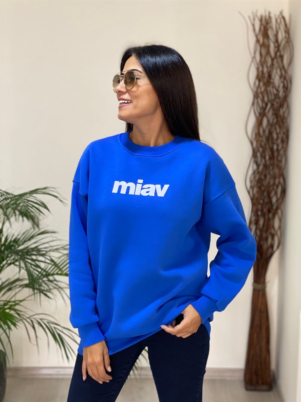Mavi Miav Bakılı Bisiklet Yaka Basic Kadın Sweatshirt