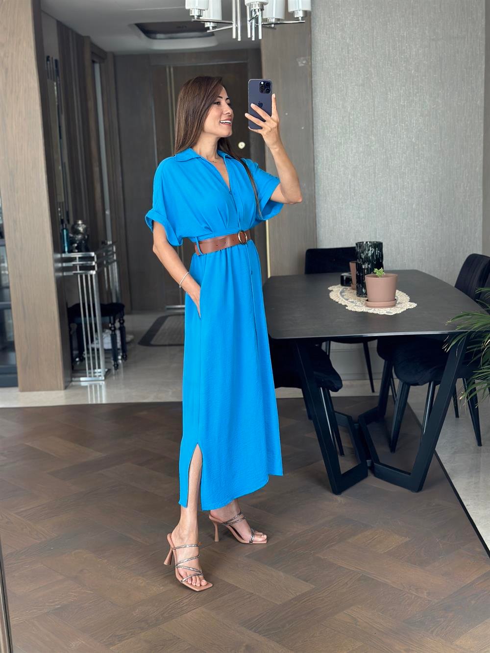 Mavi Ön Ve Arka Pileli Kısa Kol Kemerli Kadın Gömlek Elbise