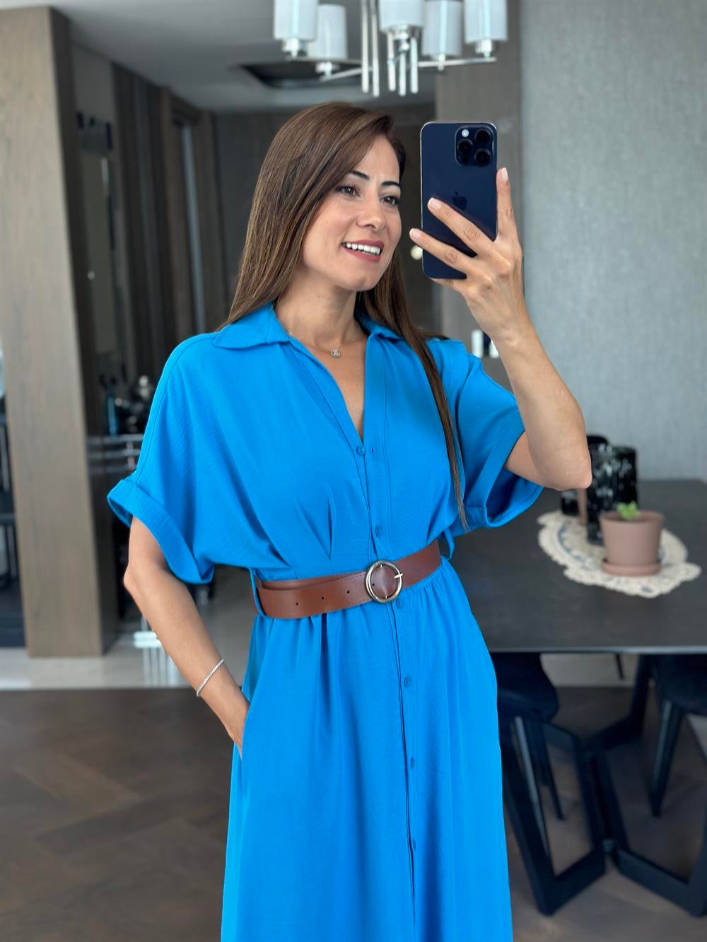 Mavi Ön Ve Arka Pileli Kısa Kol Kemerli Kadın Gömlek Elbise
