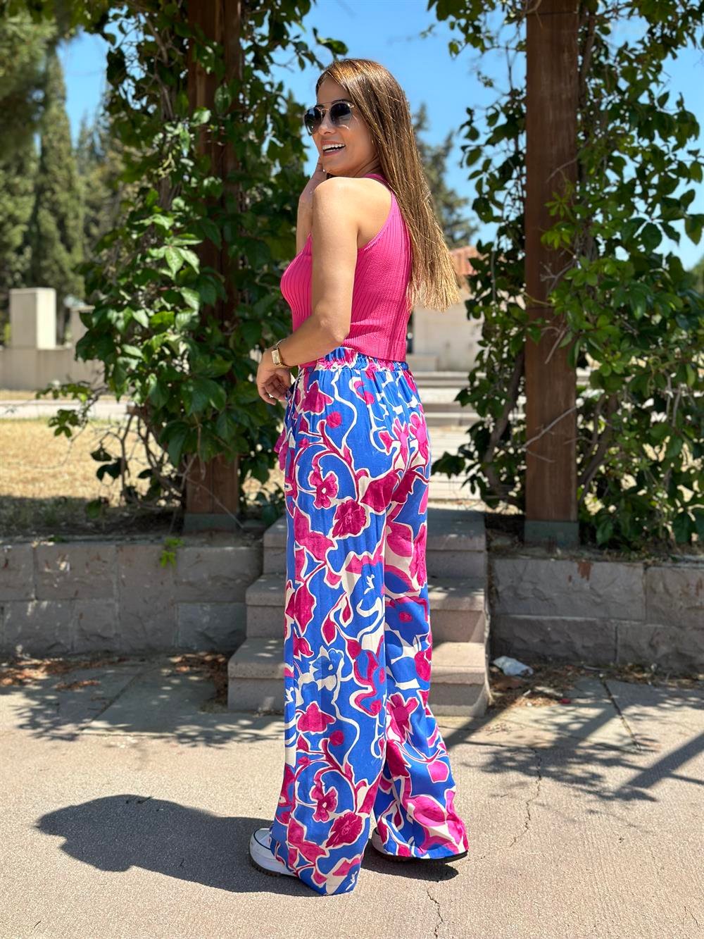 Mavi Pembe Desenli Bağcıklı Cepli Kadın Pantolon