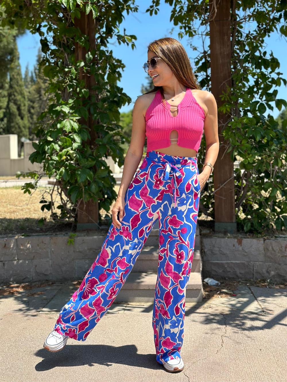 Mavi Pembe Desenli Bağcıklı Cepli Kadın Pantolon