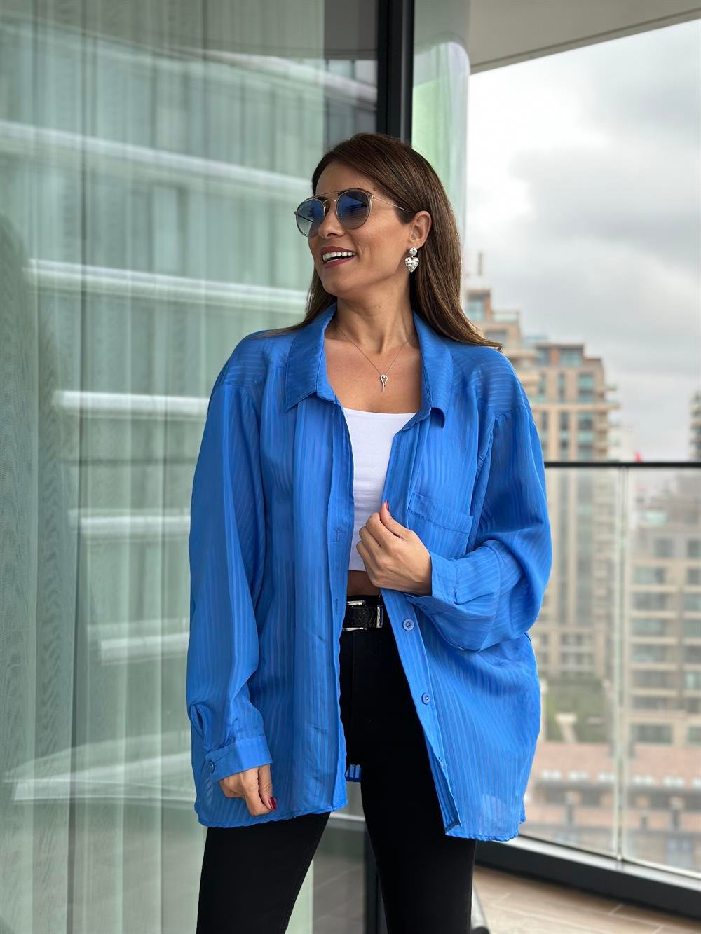 Mavi Tek Cepli Oversize Kadın Gömlek