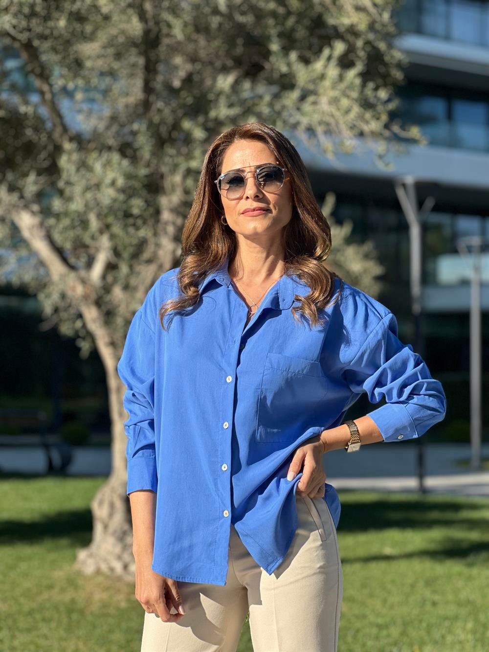Mavi Tensel Kadın Gömlek