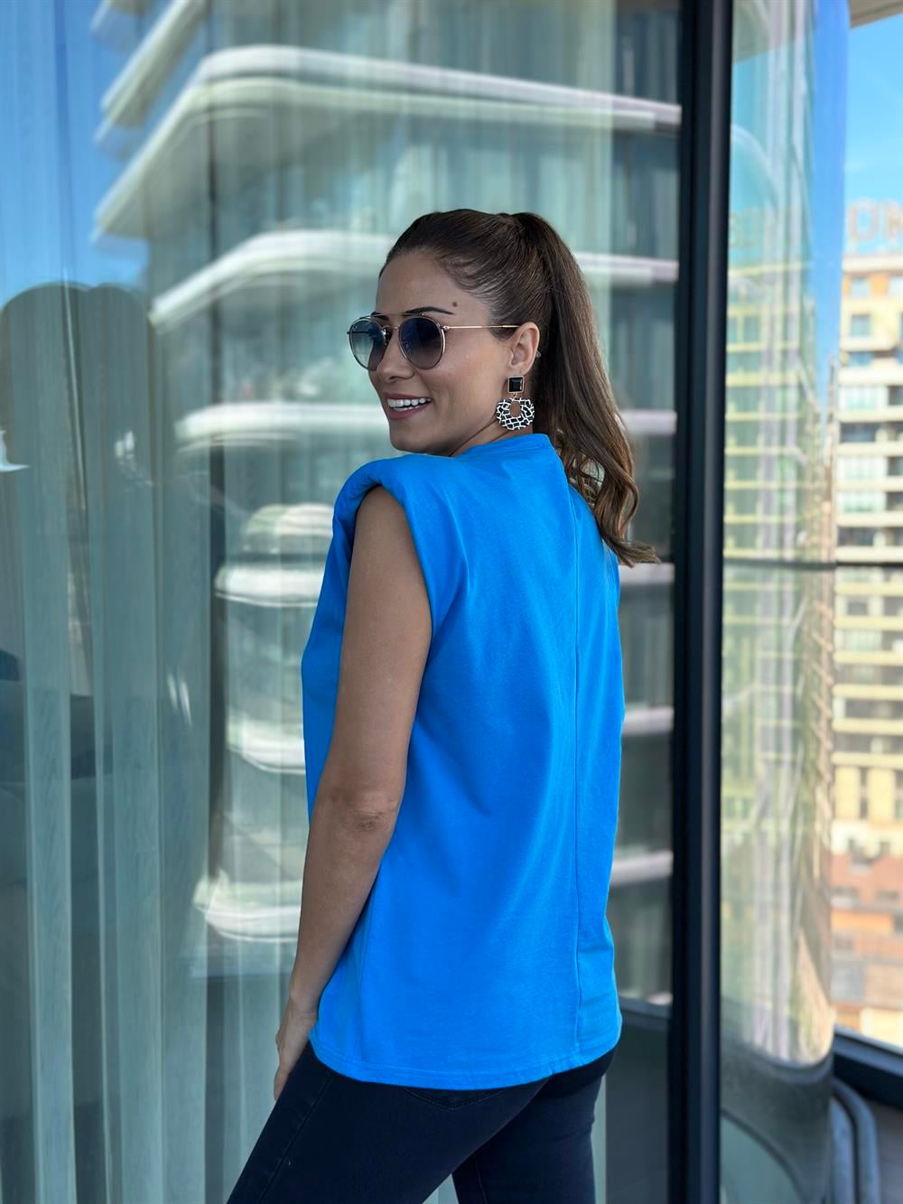 Mavi Vatkalı Basic Kadın T-Shirt