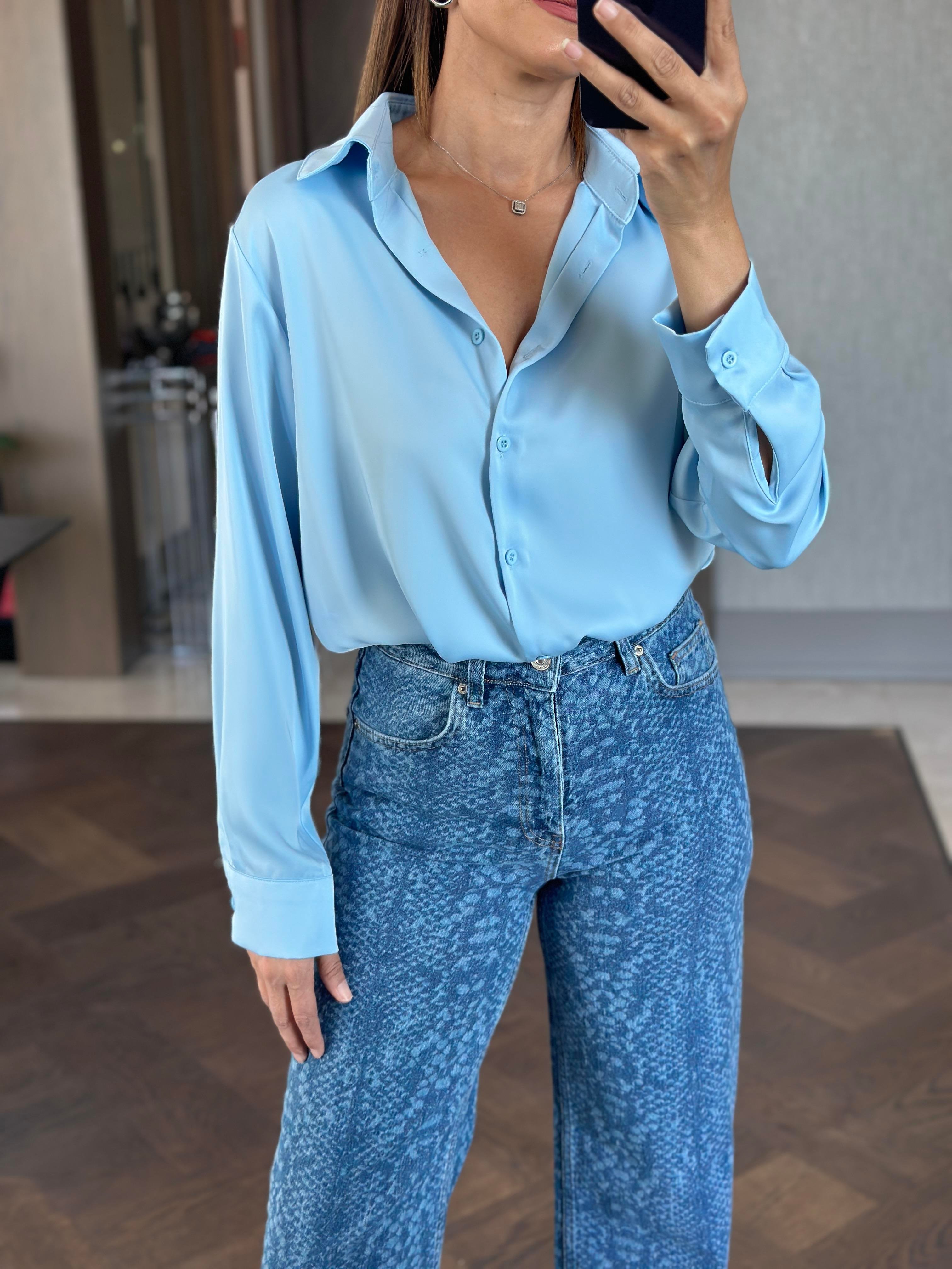 Mavi Yılan Desen Wide Leg Kadın Jean Pantolon