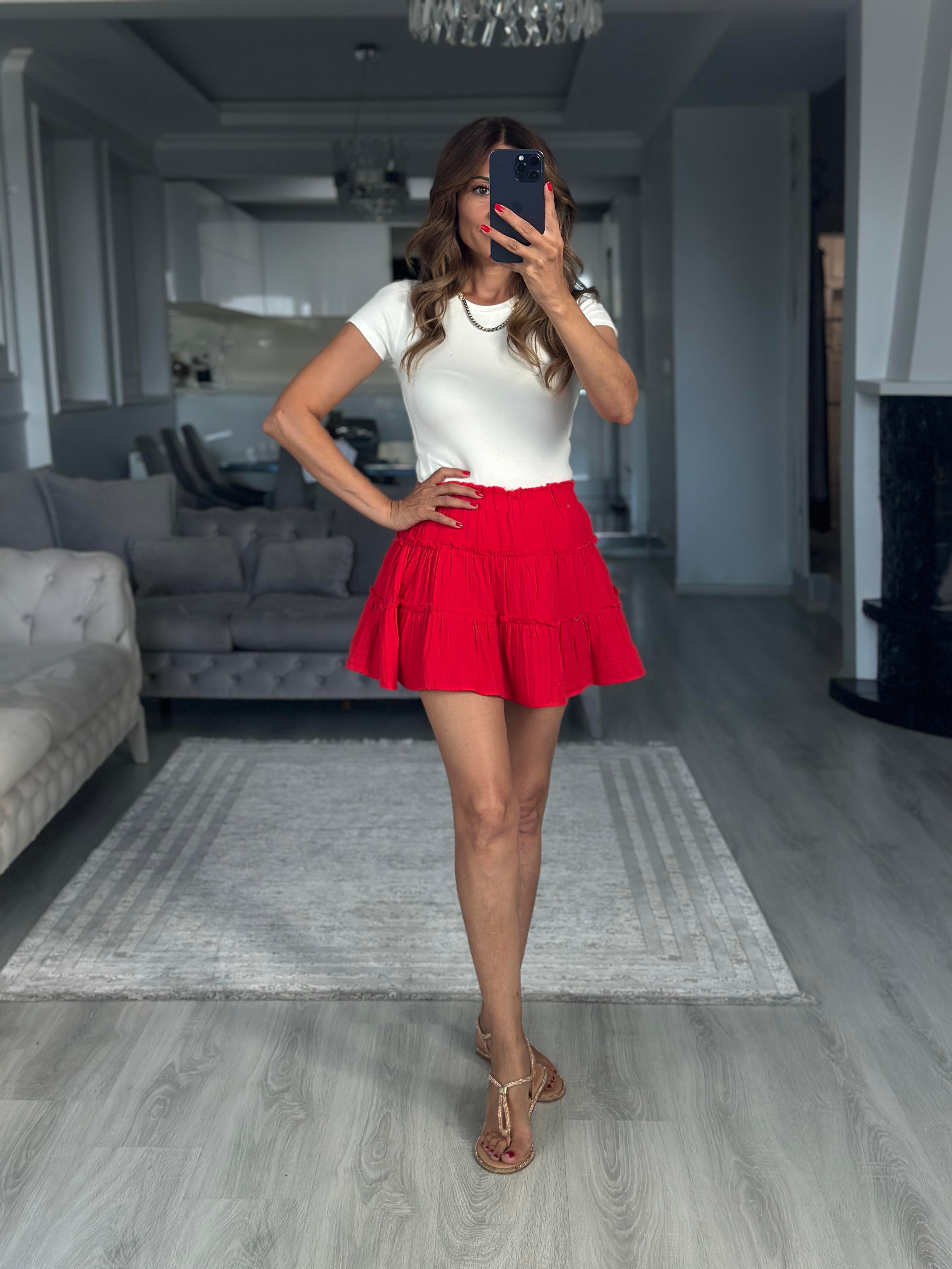 Mercan Müslin Kumaş İçi Şortlu Kadın Mini Etek