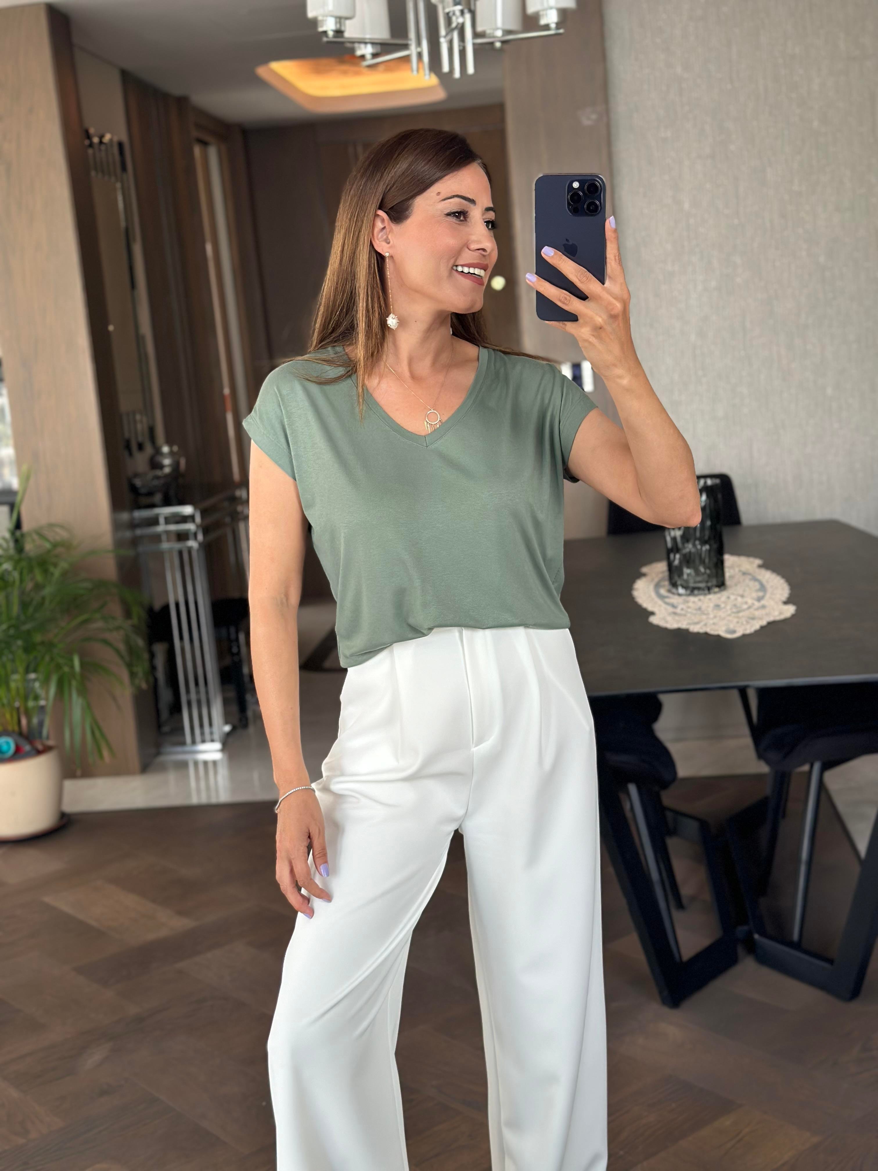 Mint Yeşili V Yaka Kısa Yarasa Kol Basic Kadın T-Shirt