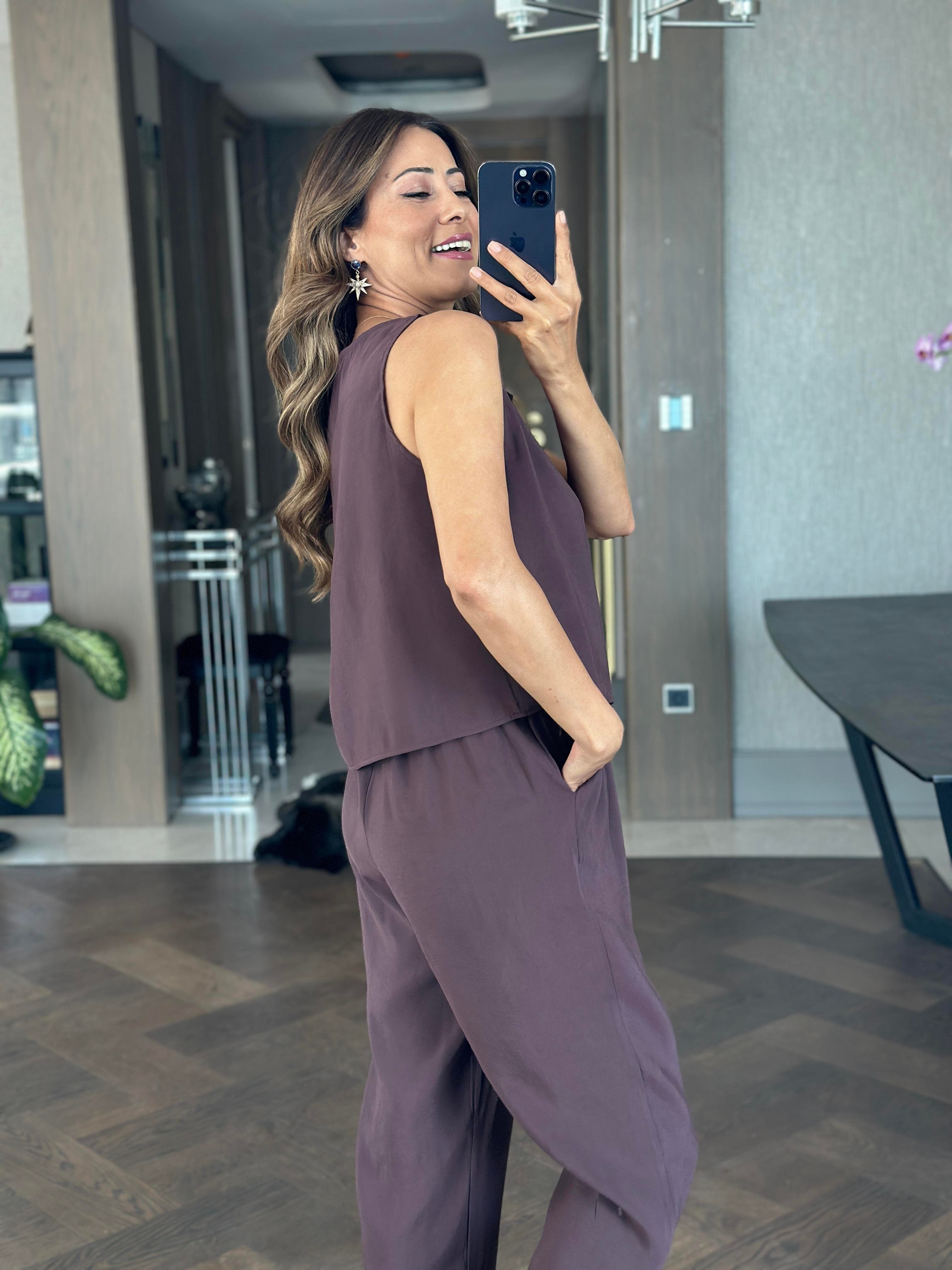 Mor Bisiklet Yaka Sıfır Kol Bluz Pantolon Tnsl Alt Üst Takım