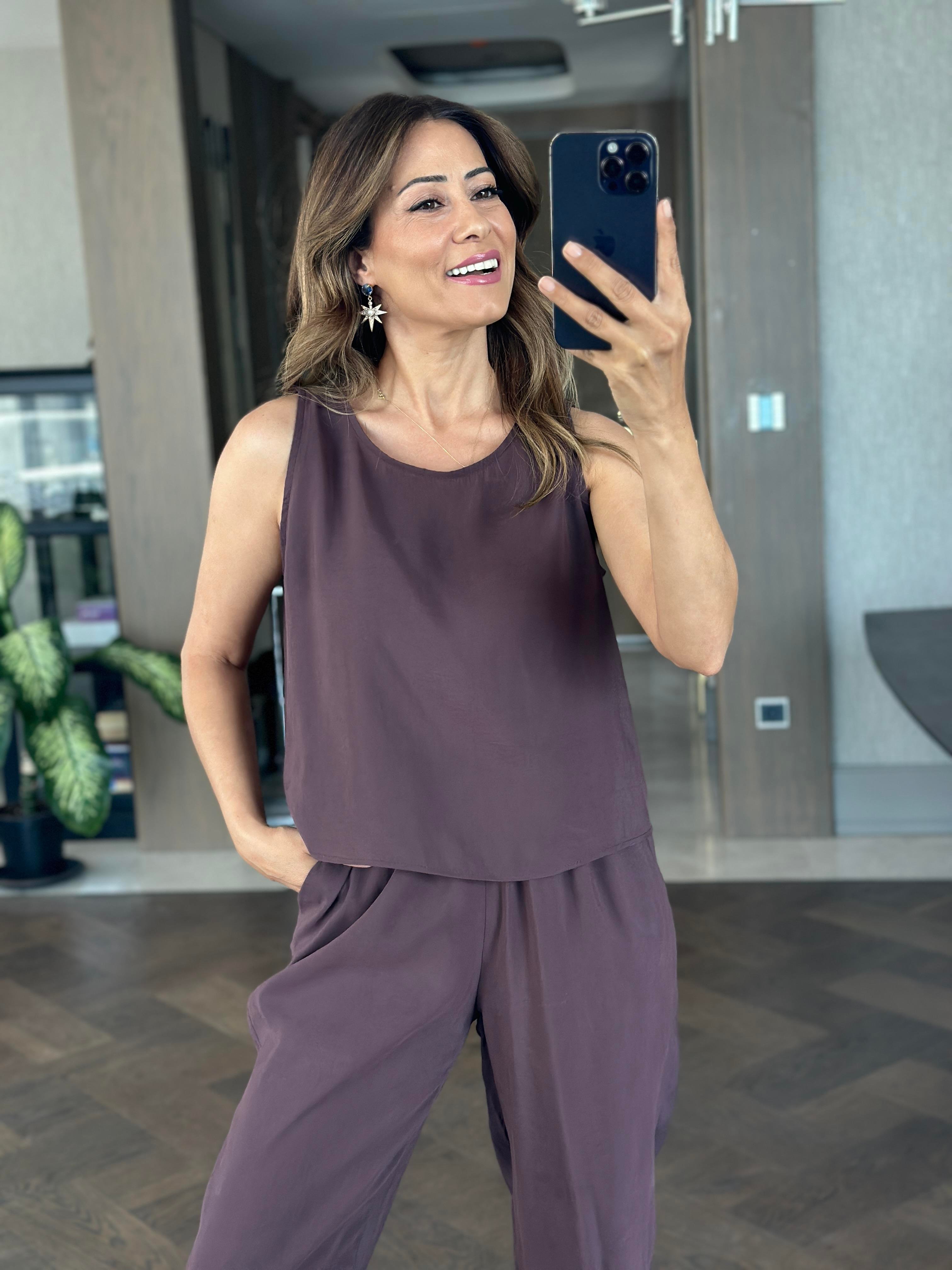 Mor Bisiklet Yaka Sıfır Kol Bluz Pantolon Tnsl Alt Üst Takım