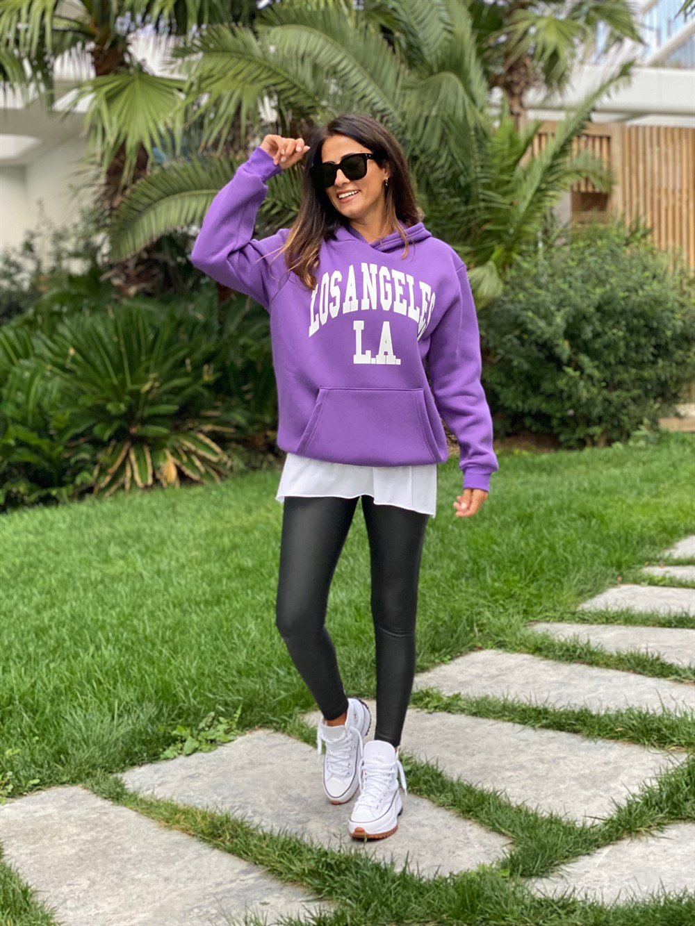 Mor Kapüşonlu Los Angeles Baskılı Kadın Sweatshirt