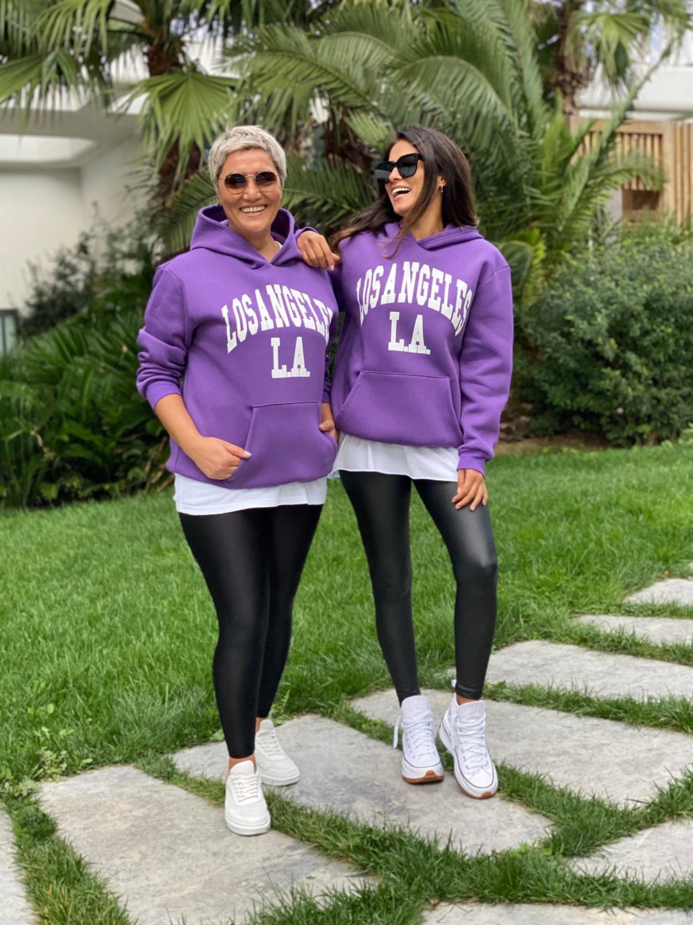 Mor Kapüşonlu Los Angeles Baskılı Kadın Sweatshirt