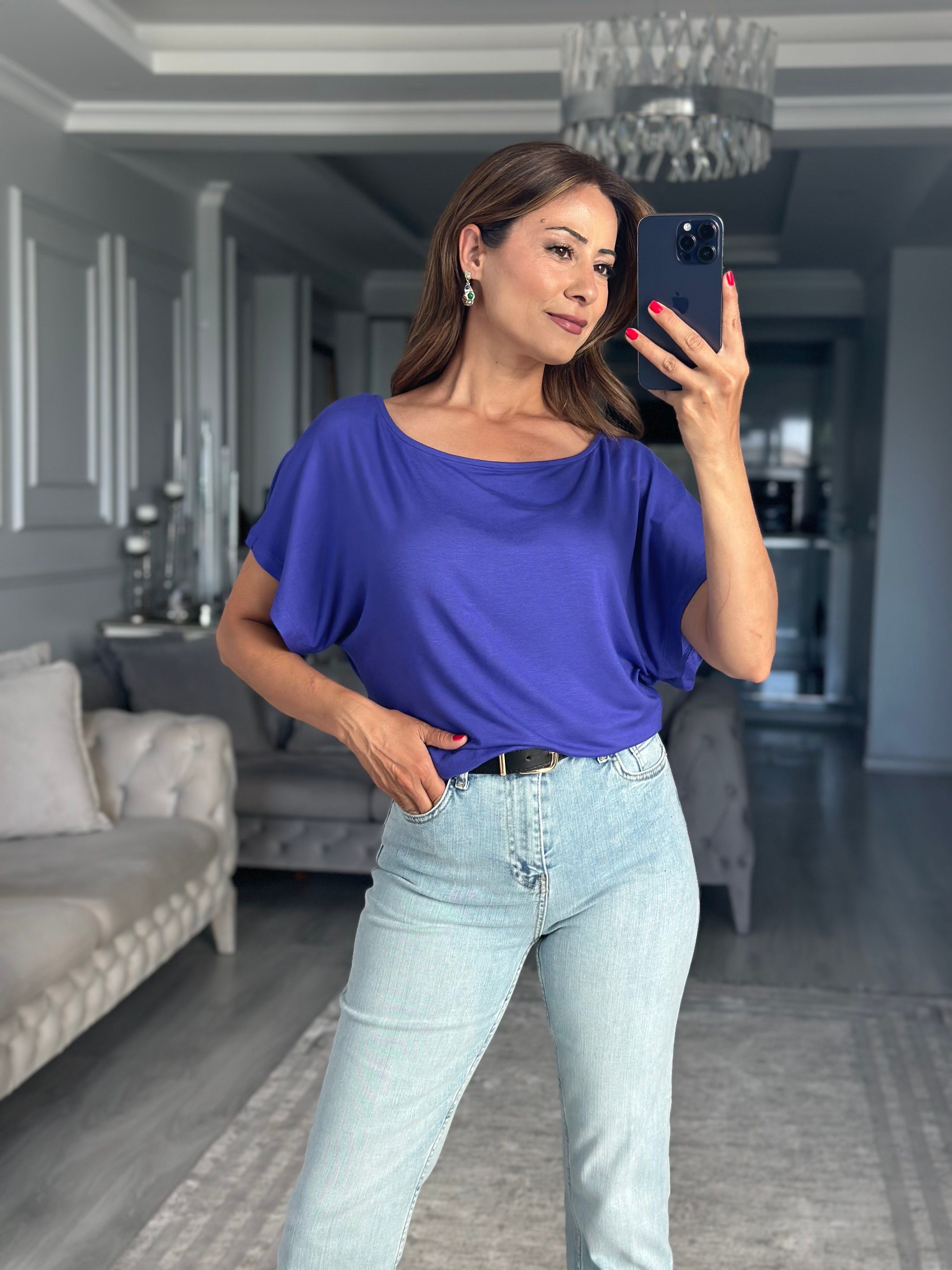 Mor Kayık Yaka Yarasa Kol Kadın T-Shirt