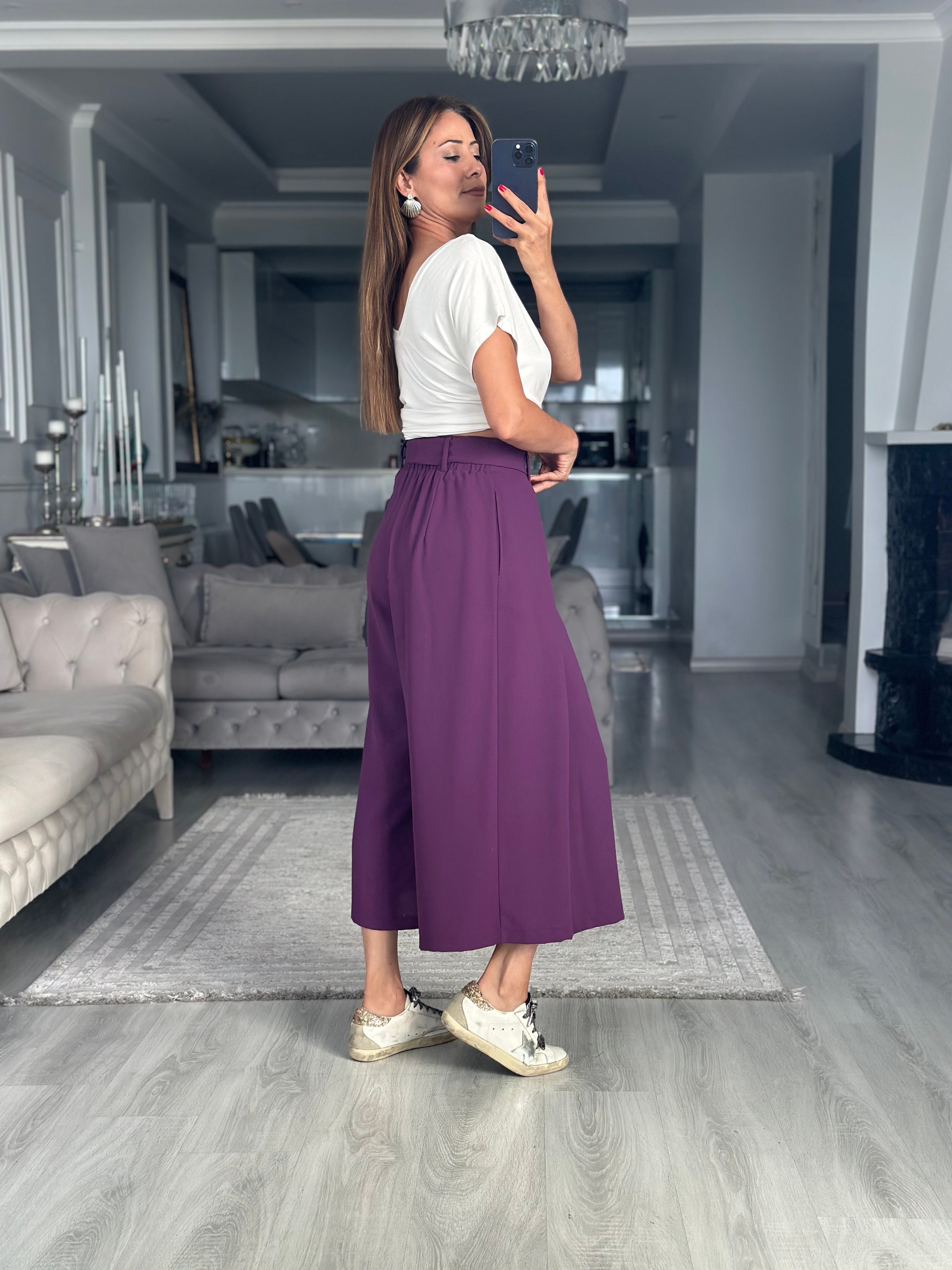Mor Krep Kumaş Arka Beli Lastikli Kadın Etek Pantolon