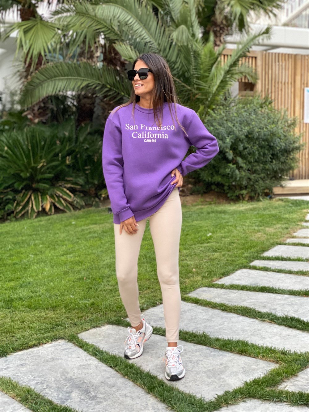 Mor San Bisiklet Yaka Kadın Sweatshirt