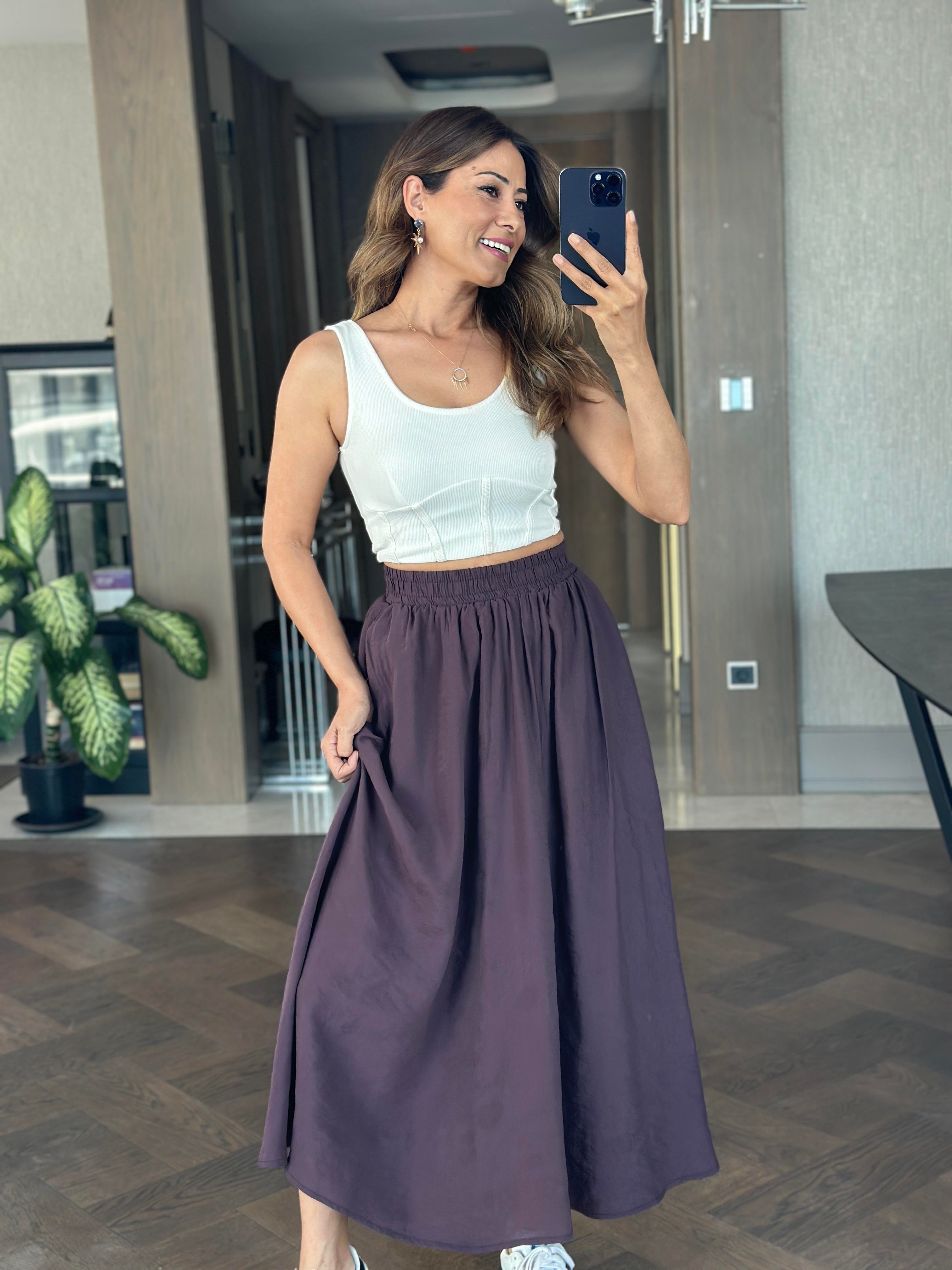 Mor Tnsl Kumaş Beli Lastikli Cepli Kadın Midi Boy Etek