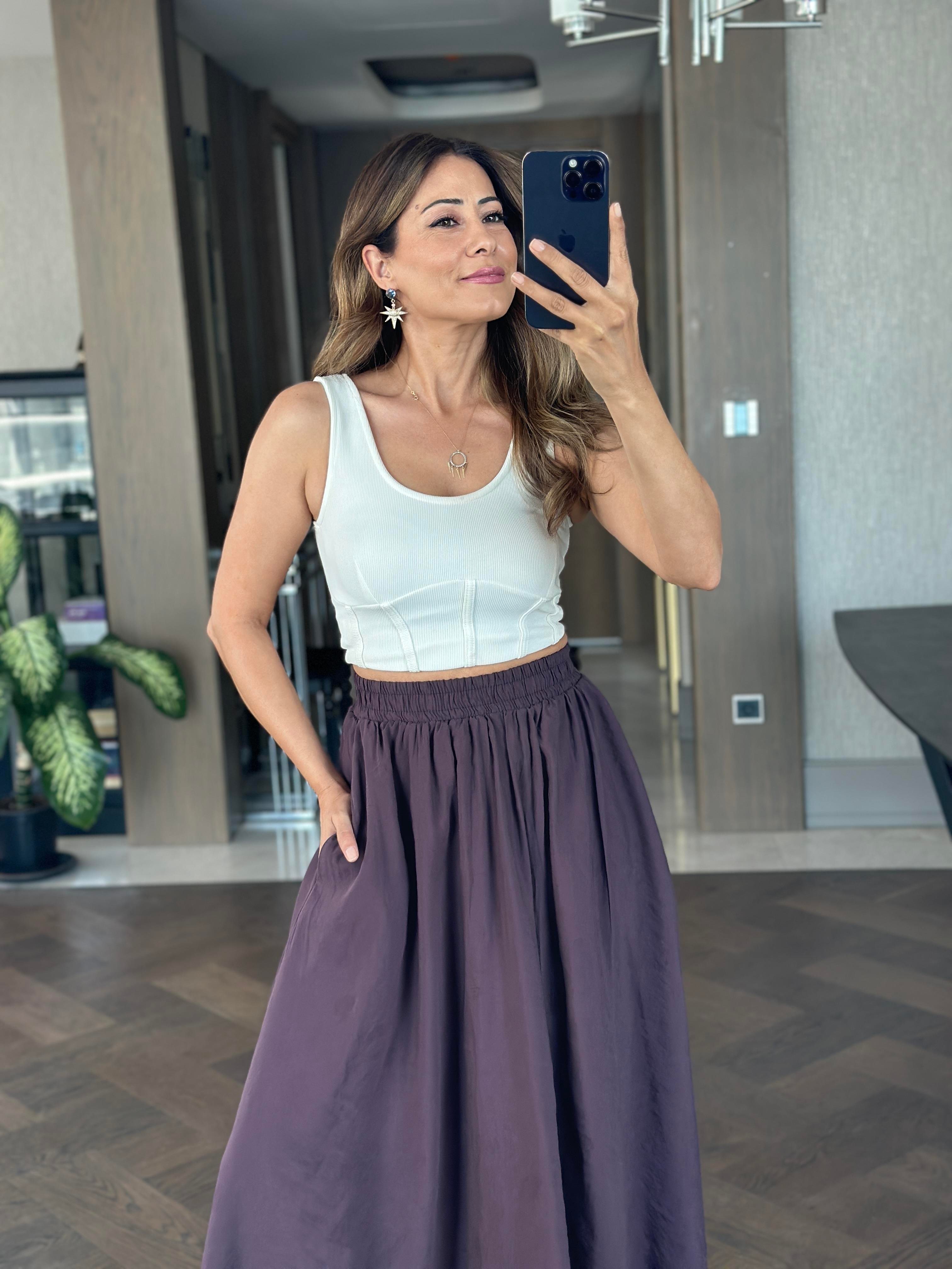 Mor Tnsl Kumaş Beli Lastikli Cepli Kadın Midi Boy Etek