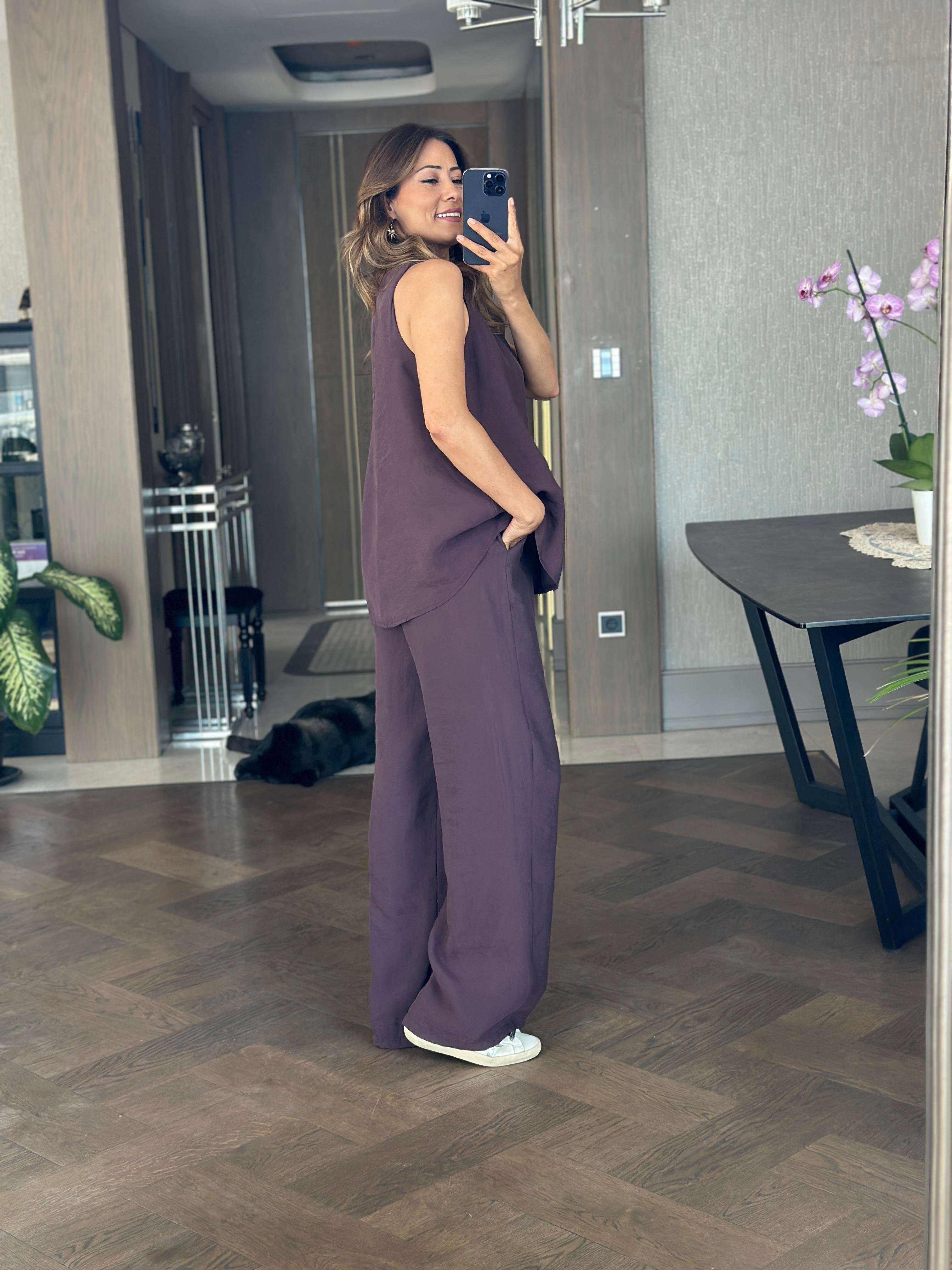 Mor V Yaka Bluz Bol Paça Pantolon Kadın Alt Üst Takım