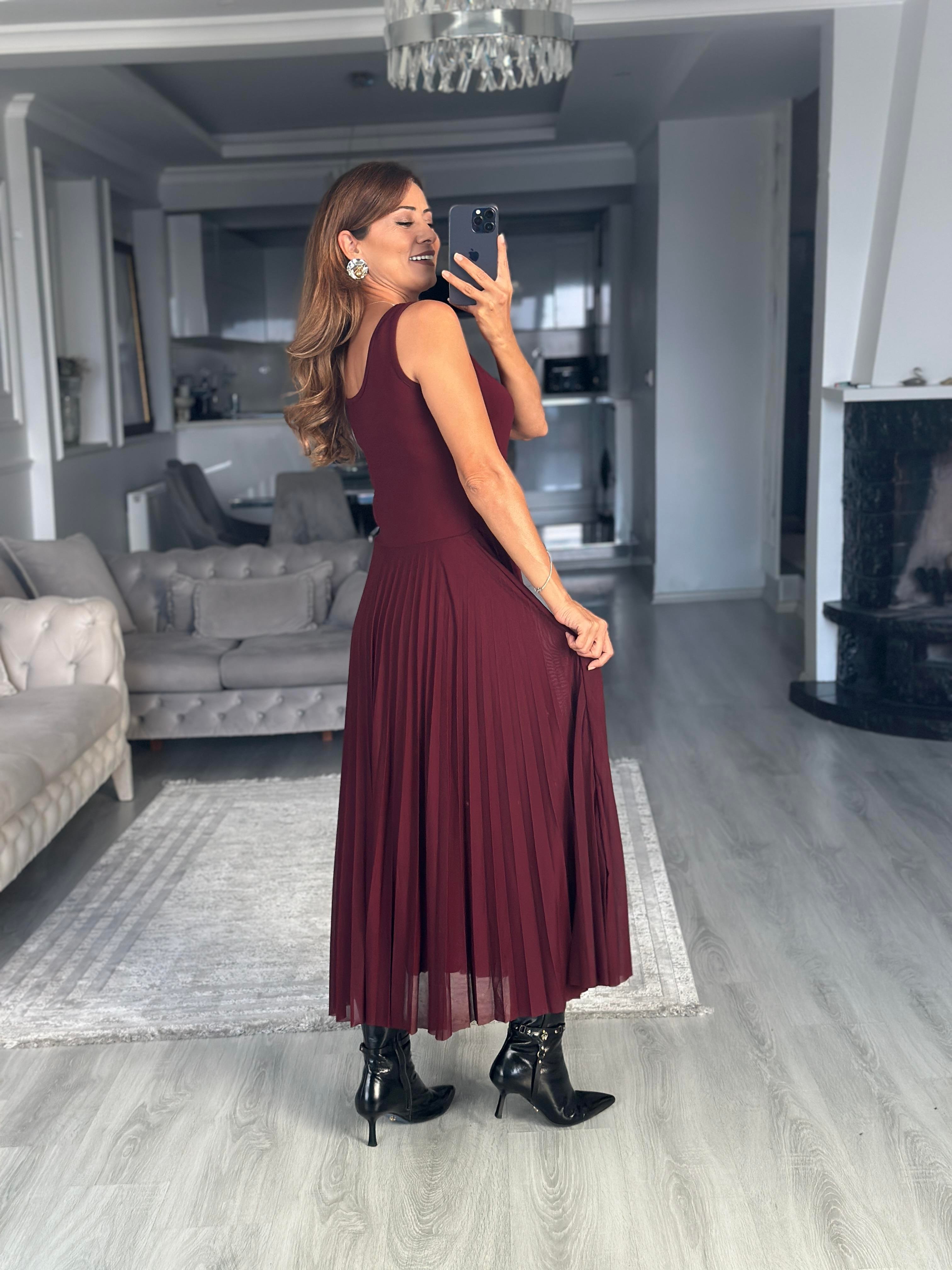 Mürdüm Bluzlu Piliseli Midi Boy Kadın İkili Elbise
