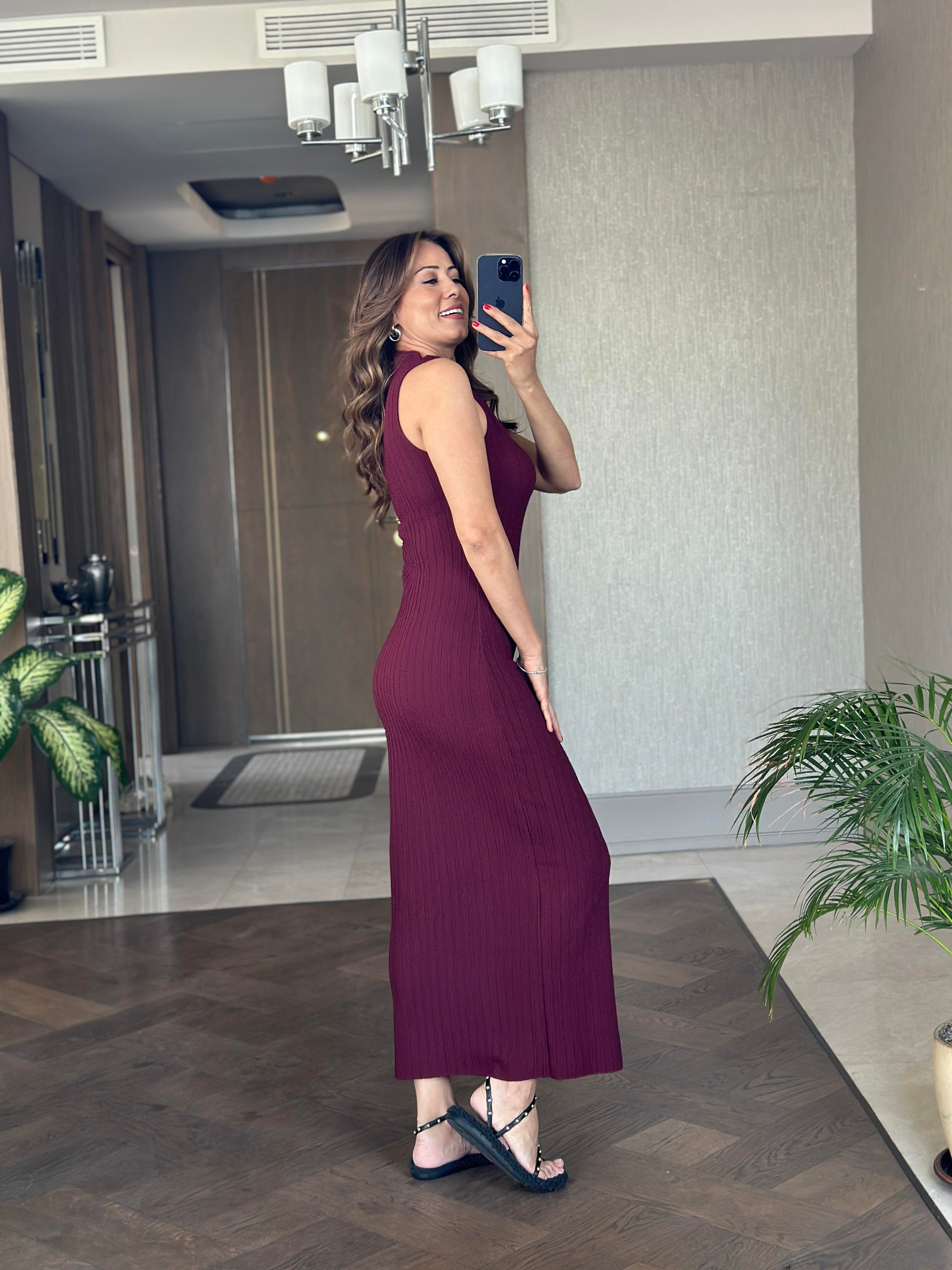 Mürdüm Dik Yaka Salsa Triko Kadın Maksi Boy Elbise