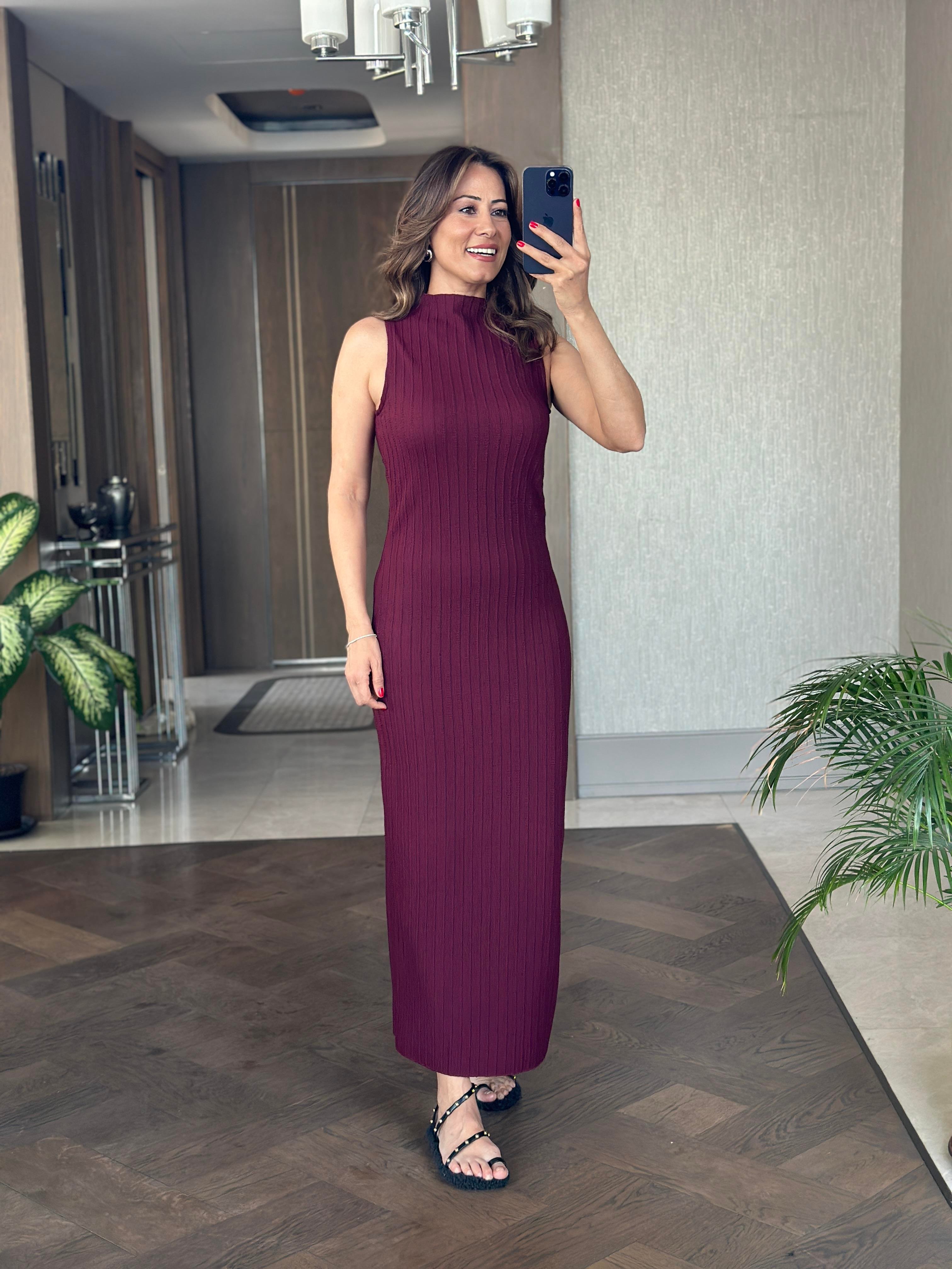 Mürdüm Dik Yaka Salsa Triko Kadın Maksi Boy Elbise